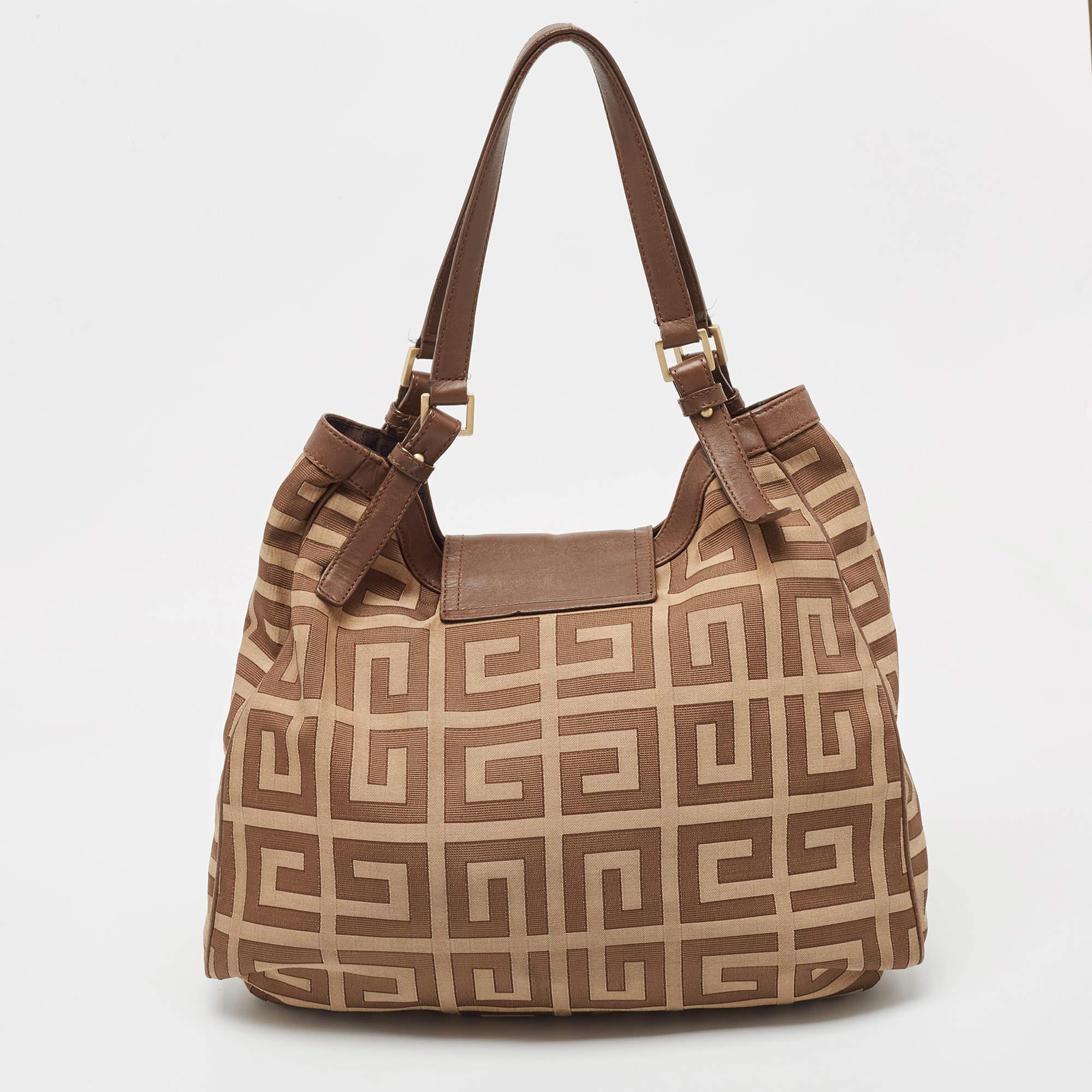 Givenchy Brown/Beige Monogram Canvas and Leather Buckle Flap Hobo For Sale 2