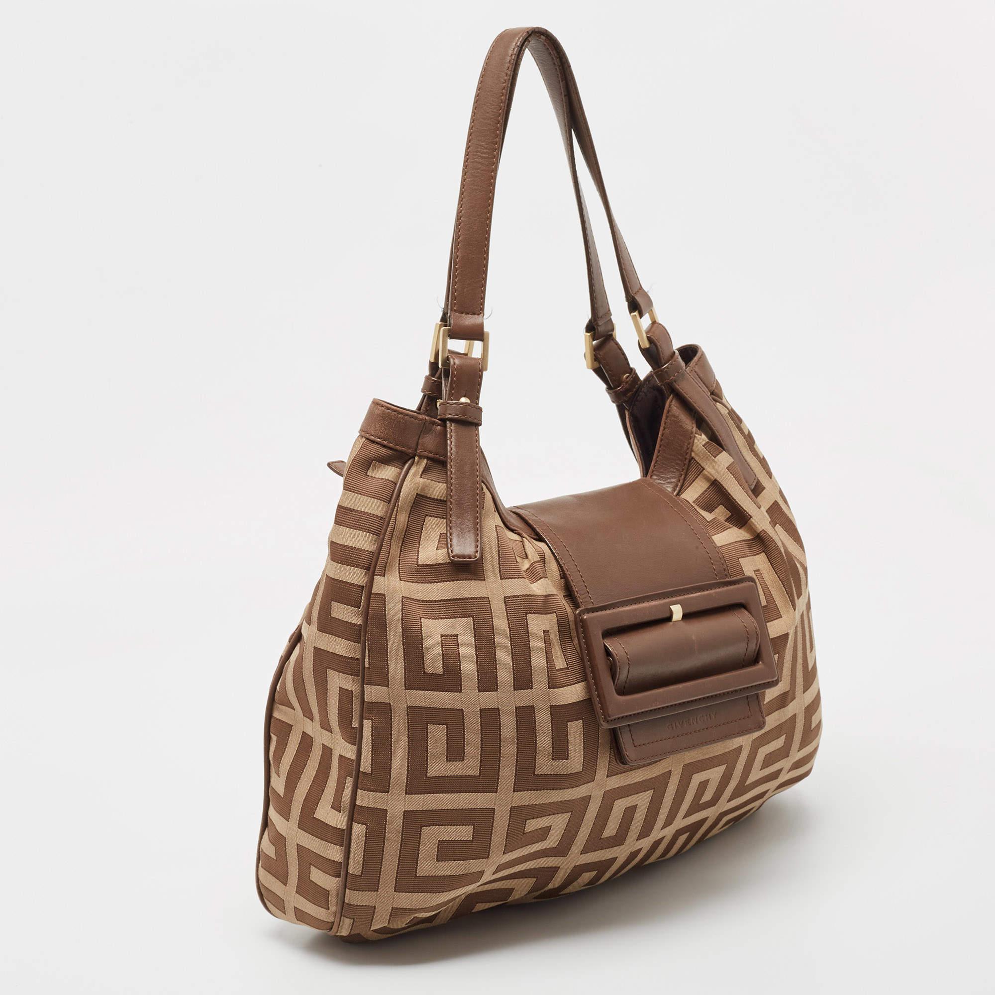Givenchy Brown/Beige Monogram Canvas and Leather Buckle Flap Hobo For Sale 3