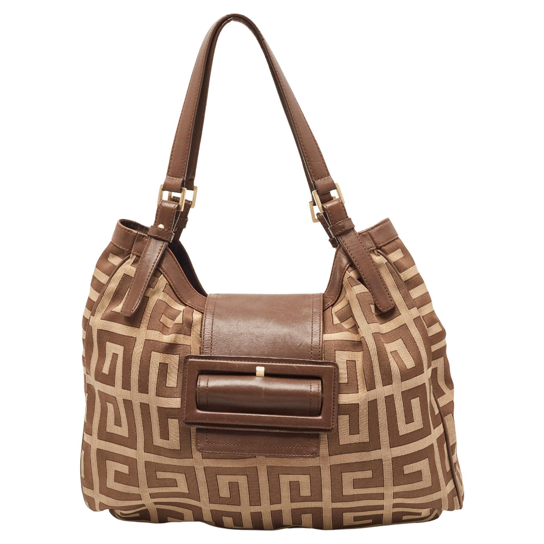 Givenchy Brown/Beige Monogram Canvas and Leather Buckle Flap Hobo For Sale