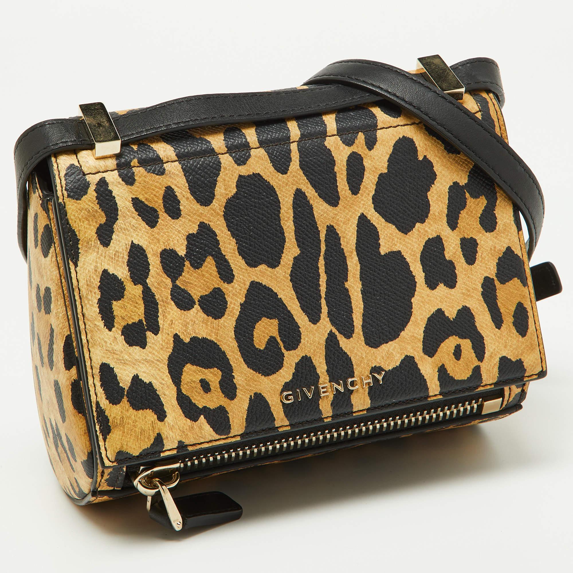 Givenchy Brown/Black Leopard Print Leather Mini Pandora Crossbody Bag For Sale 3