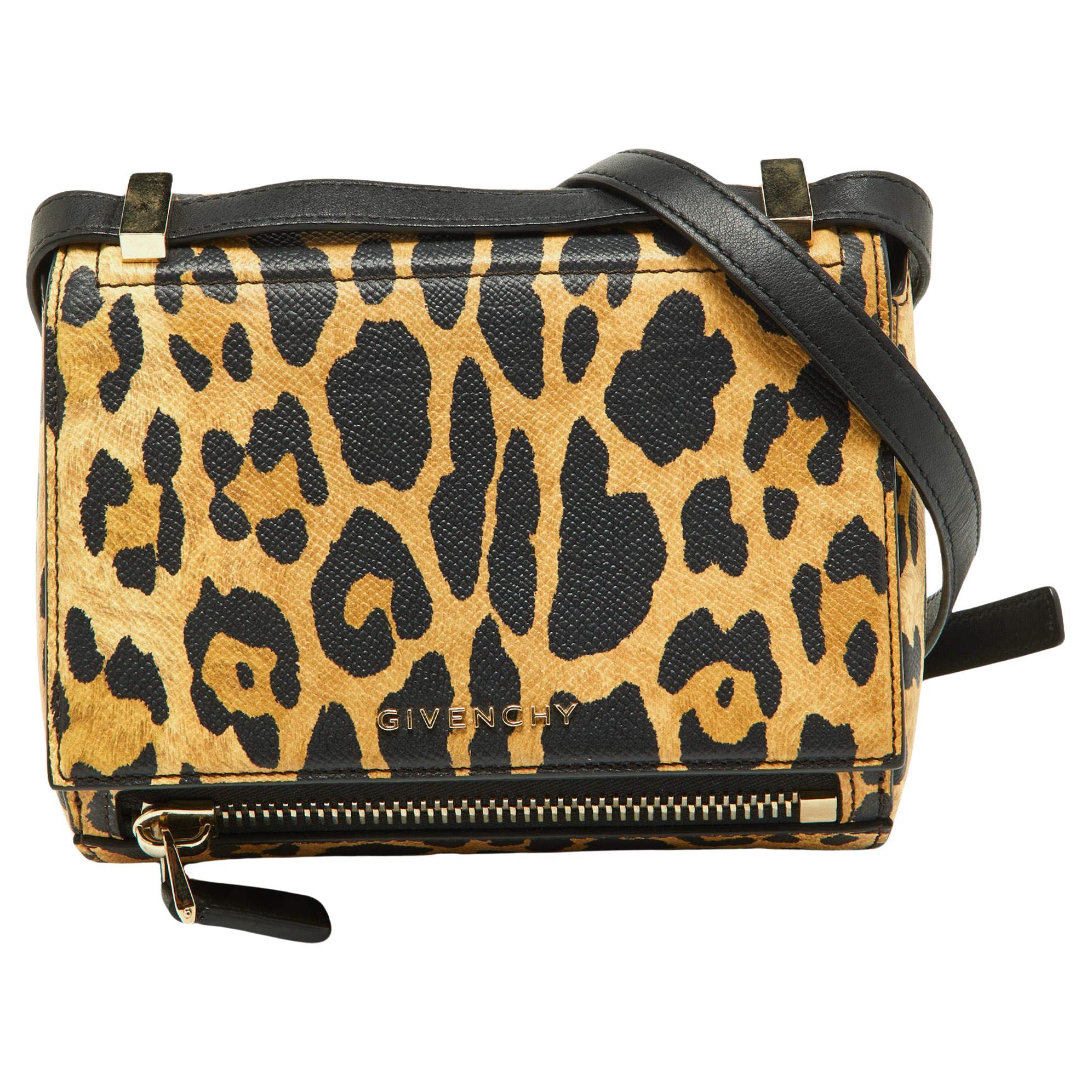Givenchy Brown/Black Leopard Print Leather Mini Pandora Crossbody Bag For Sale