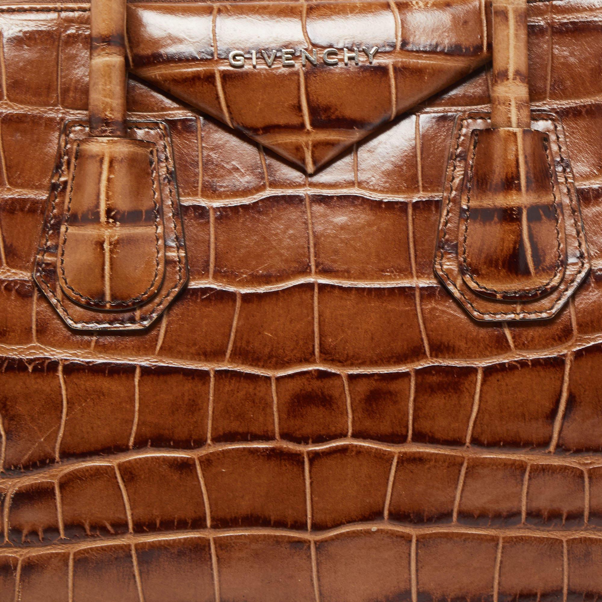 Women's Givenchy Brown Croc Embossed Leather Small Antigona Satchel