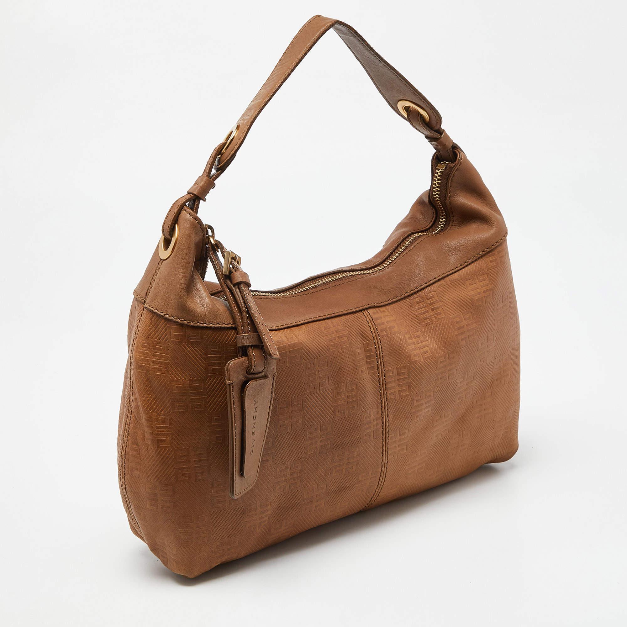 Givenchy Brown Embossed Logo Leather Hobo In Good Condition For Sale In Dubai, Al Qouz 2