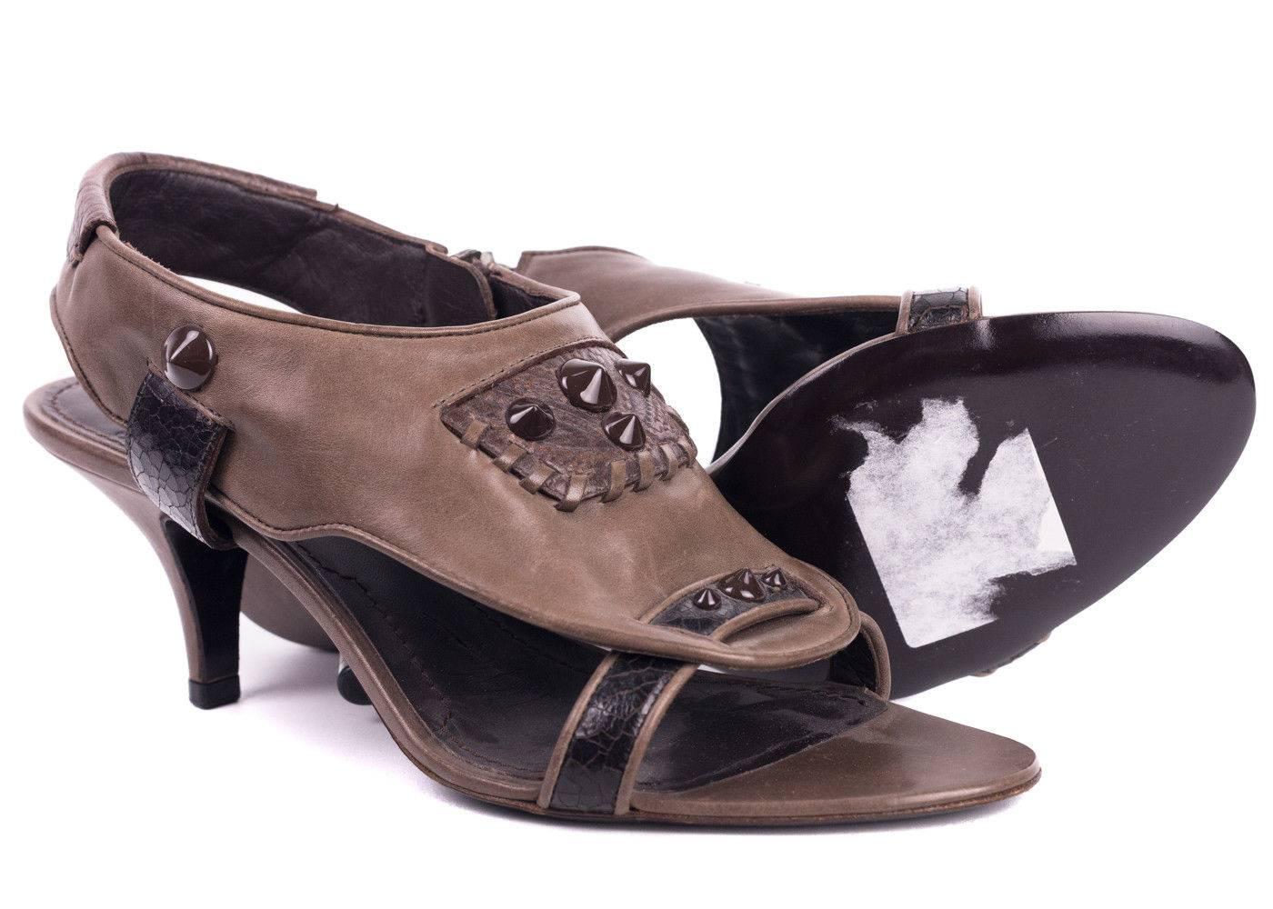 Women's Givenchy Brown Leather Black Studded Sling Back Kitten Heel Sandals For Sale