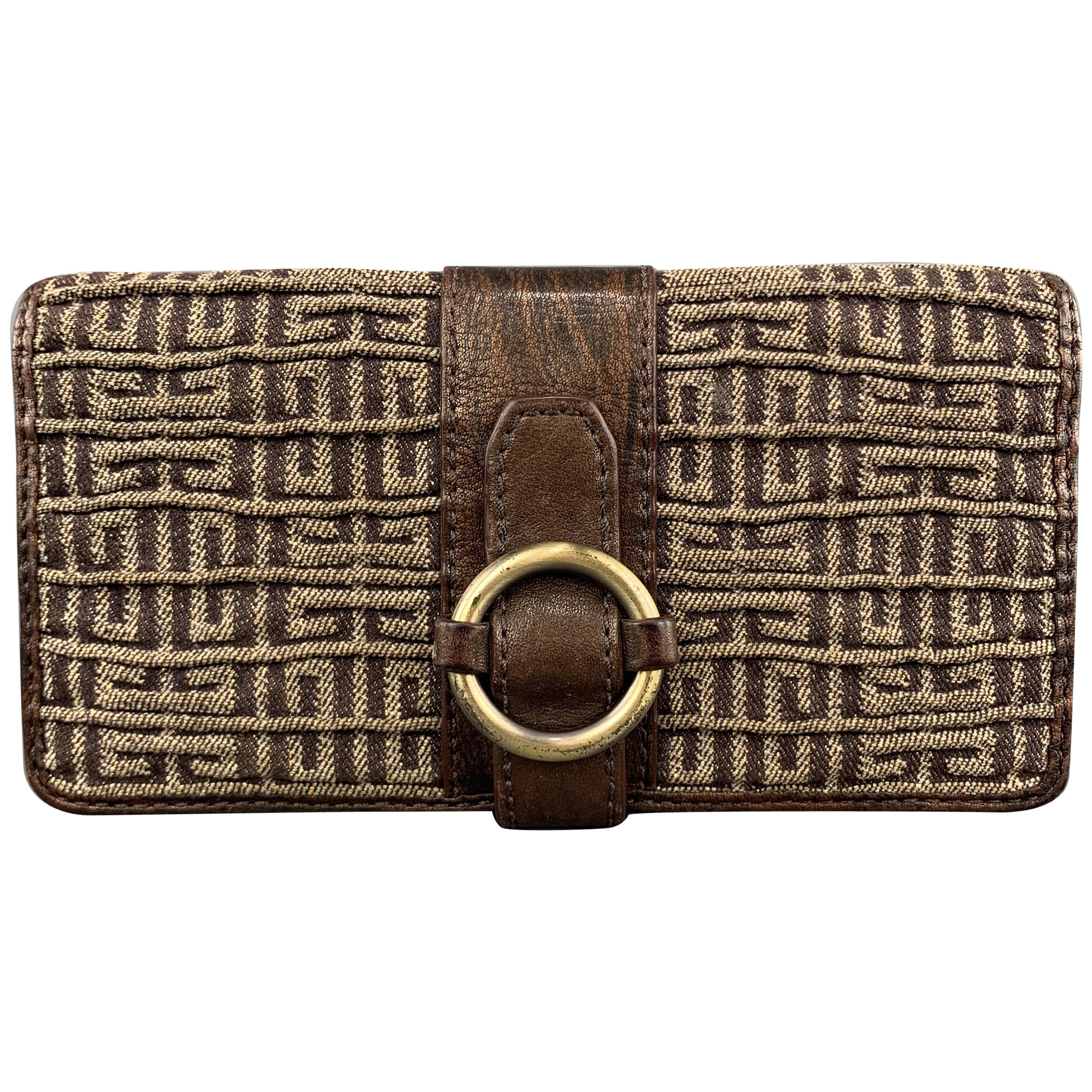 GIVENCHY Brown Leather & Gold Monogram Gathered Canvas Wallet