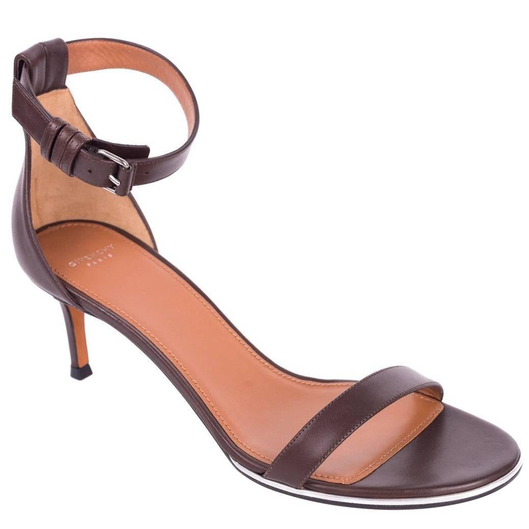 Givenchy Brown Leather Silver Trim Nadia Heel Sandals For Sale