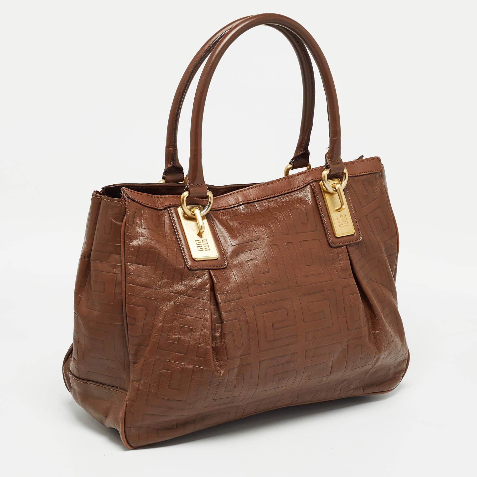 Givenchy Brown Monogram Embossed Leather Tote For Sale 2