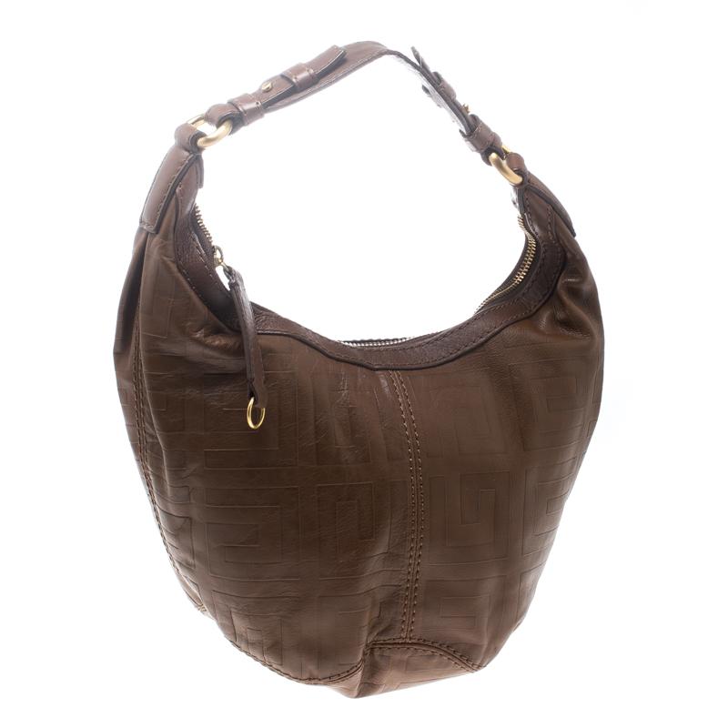 Givenchy Brown Signature Embossed Leather Hobo In Good Condition In Dubai, Al Qouz 2