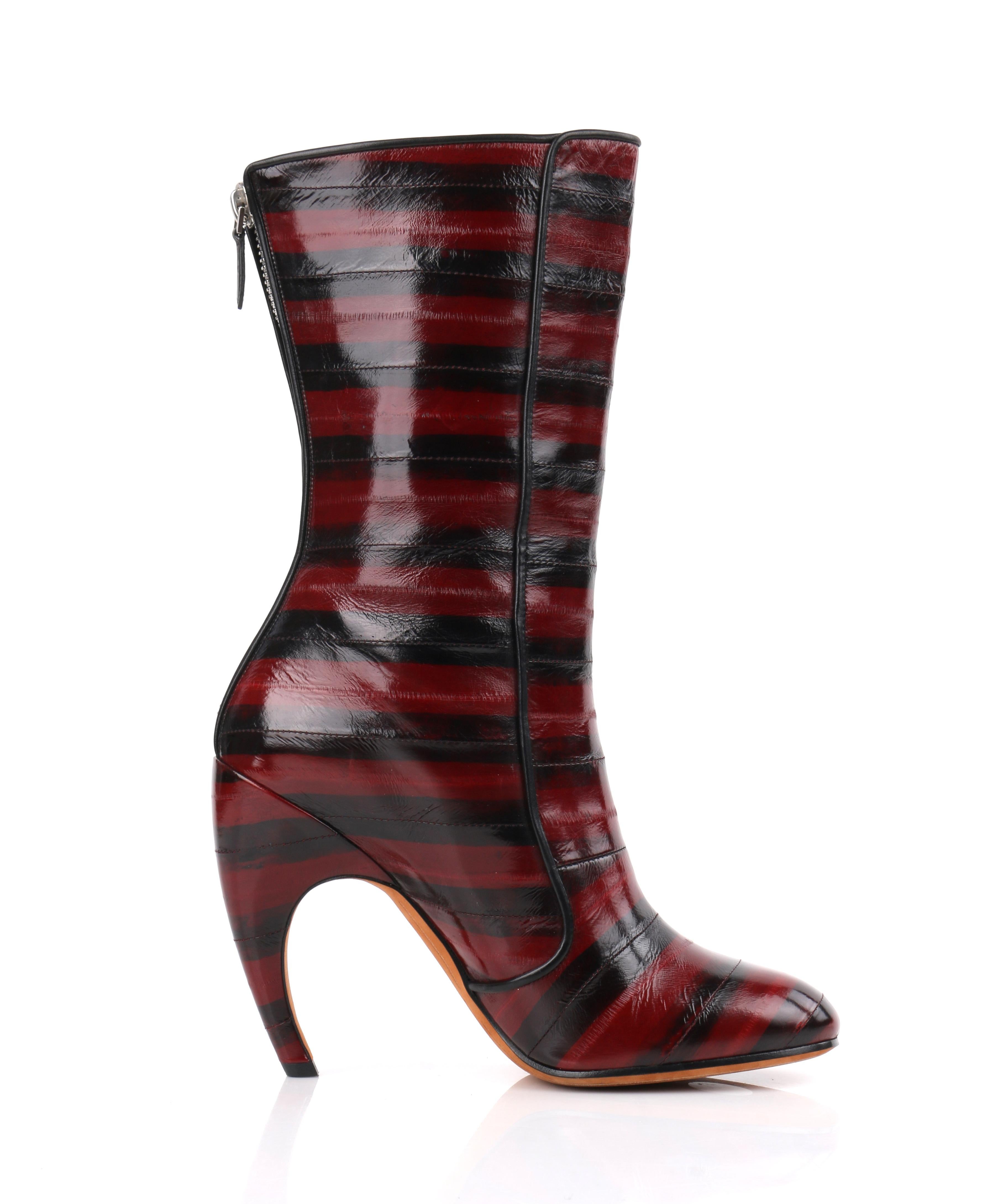 GIVENCHY Burgundy Black Stripe Eel Calf Skin Leather Zip Up Boots Heels In New Condition In Thiensville, WI