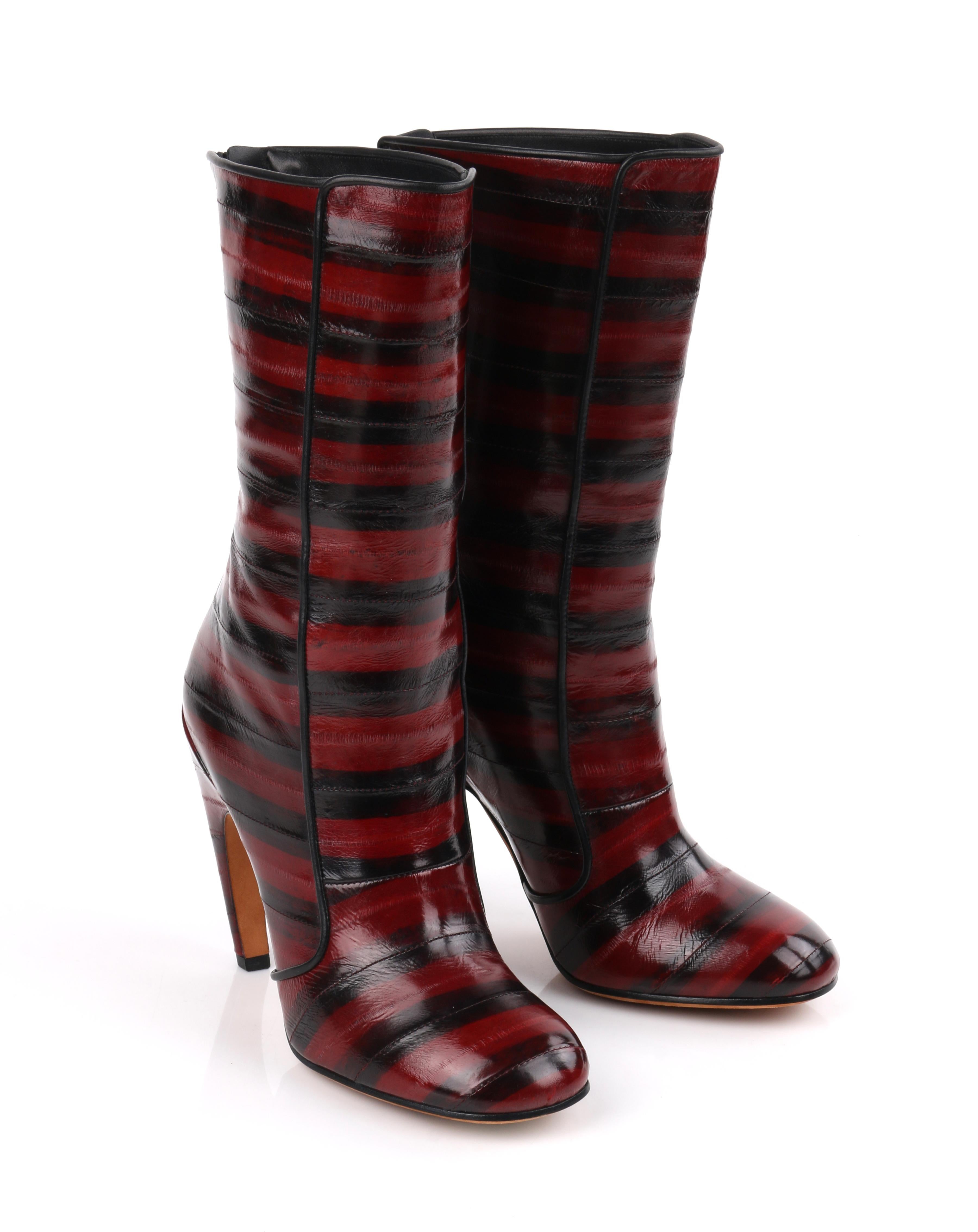 Women's GIVENCHY Burgundy Black Stripe Eel Calf Skin Leather Zip Up Boots Heels