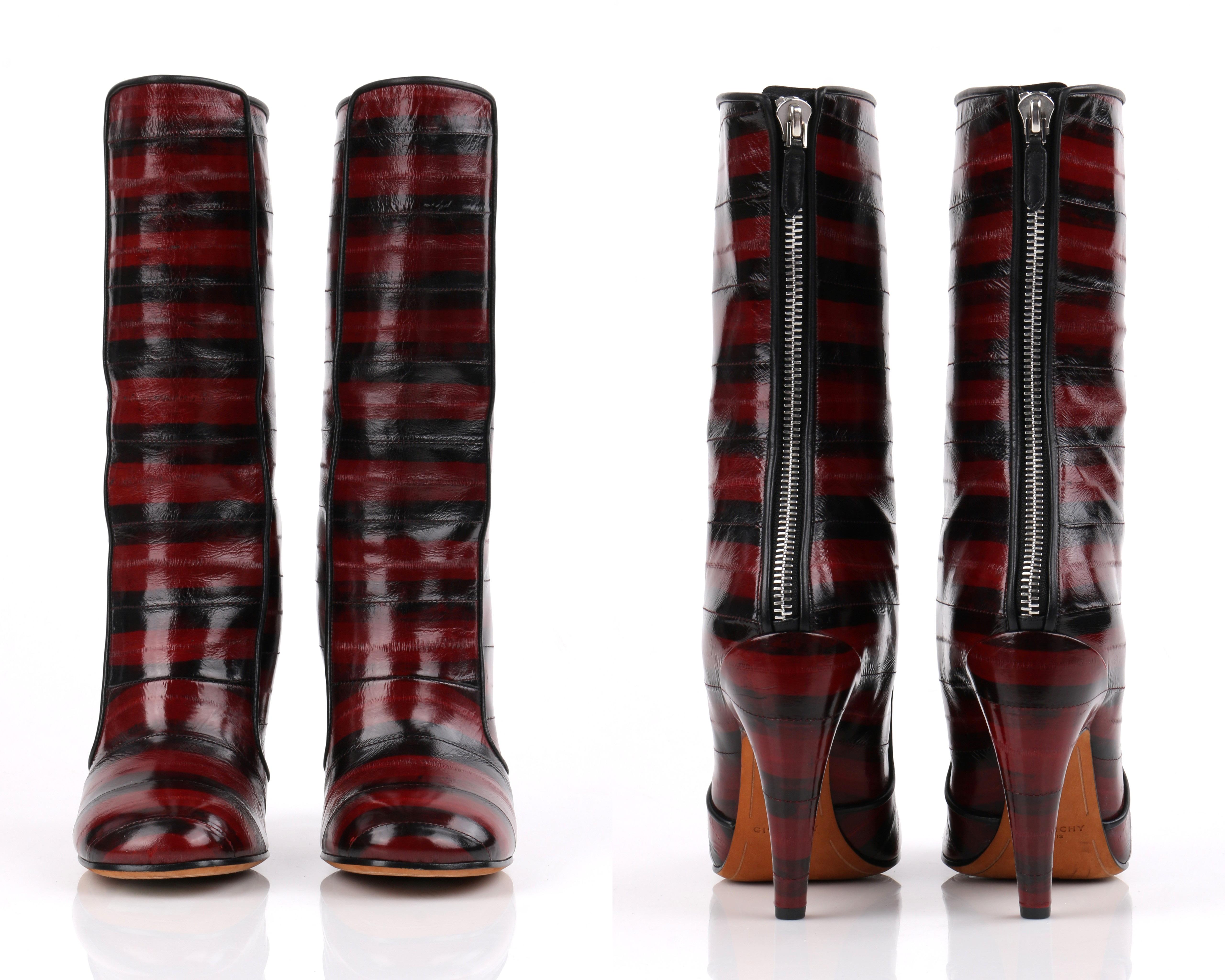 GIVENCHY Burgundy Black Stripe Eel Calf Skin Leather Zip Up Boots Heels 1