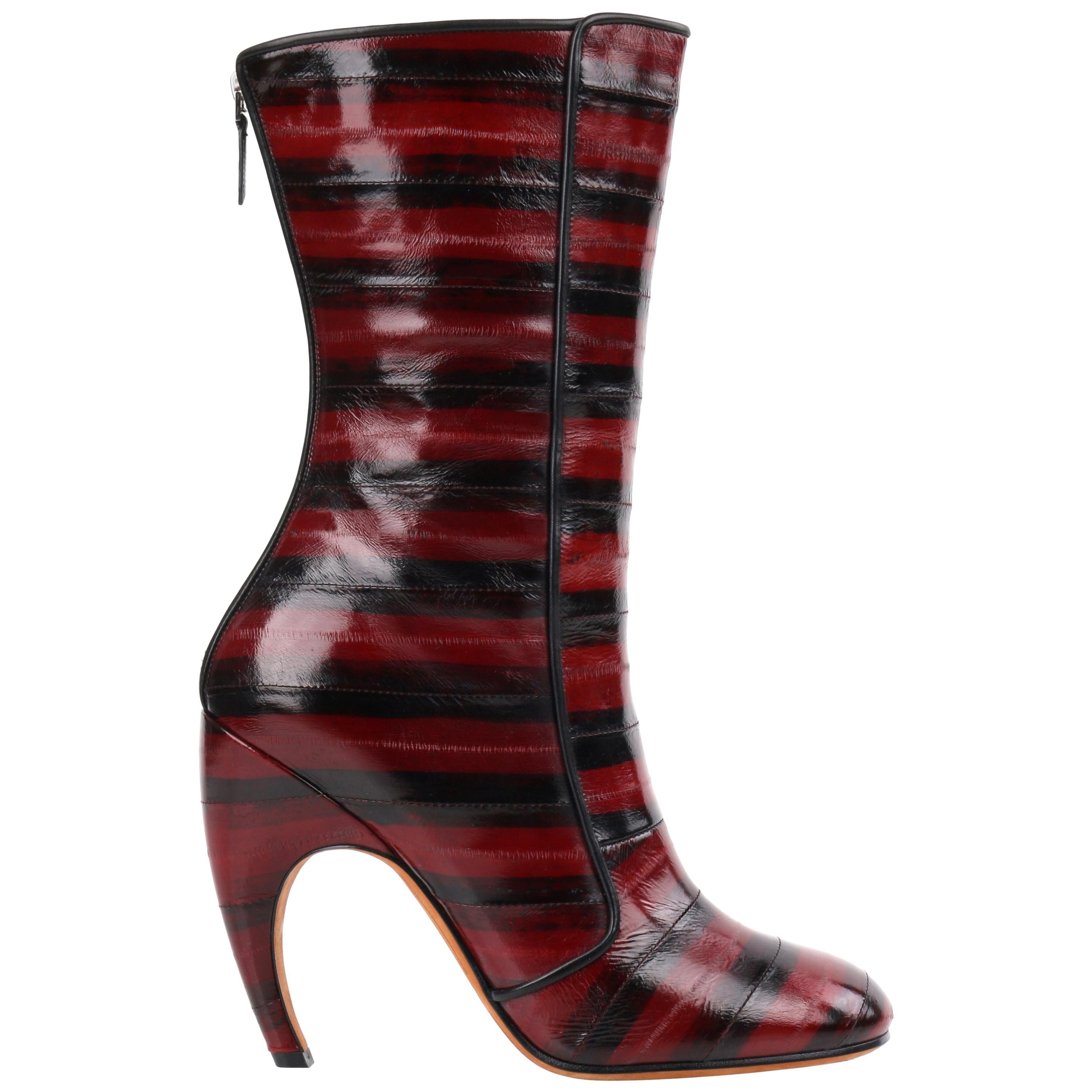 GIVENCHY Burgundy Black Stripe Eel Calf Skin Leather Zip Up Boots Heels