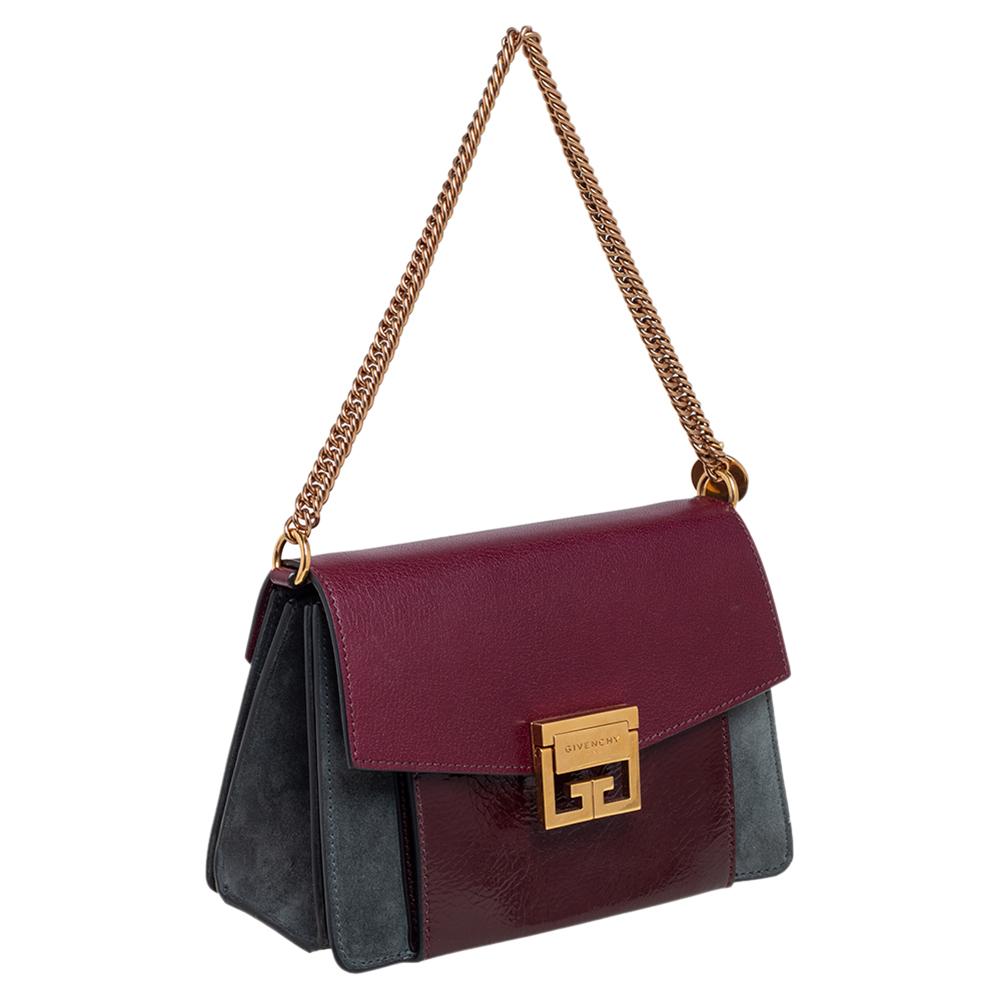 Givenchy Burgundy/Grey Leather and Suede GV3 Shoulder Bag In Good Condition In Dubai, Al Qouz 2