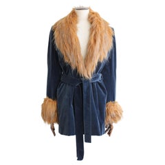 Givenchy by Alexander McQueen A/W97 Blue Velvet Coat with Faux Fur Trim