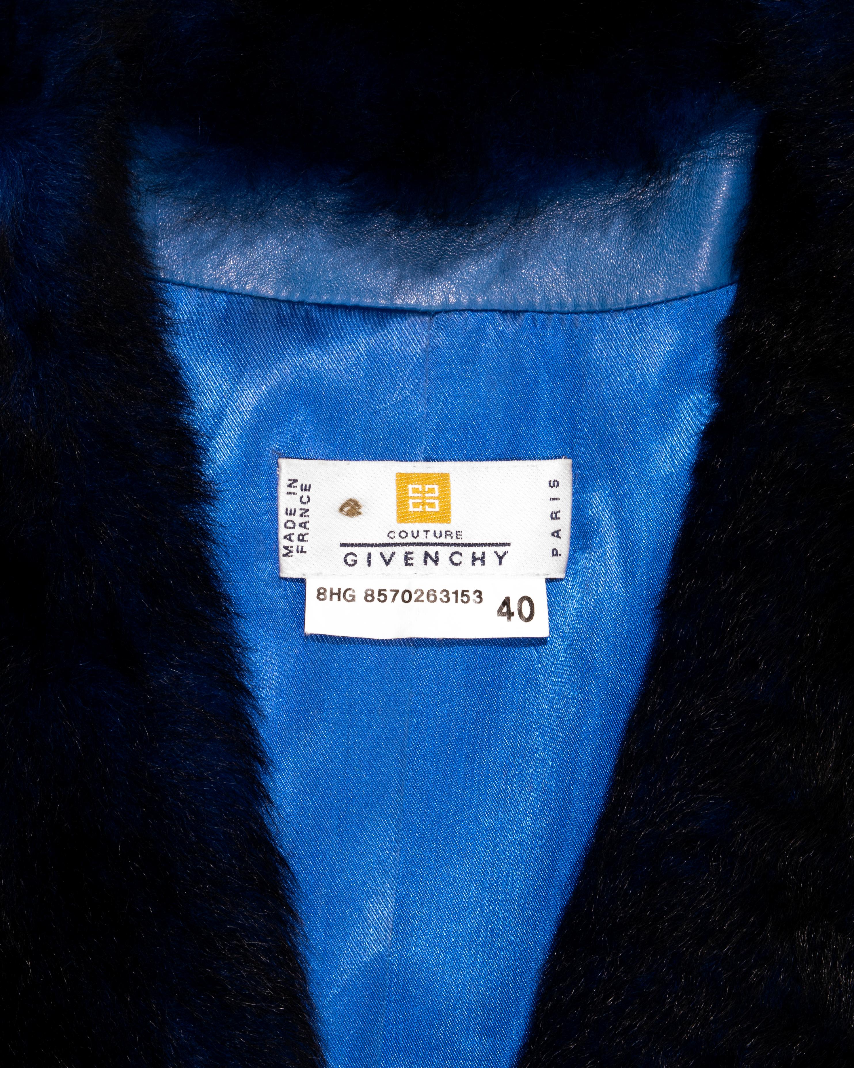 Givenchy by Alexander McQueen blue leather coat with faux fur collar, fw 1998 3