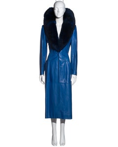 Givenchy by Alexander McQueen blue leather coat with faux fur collar, fw 1998