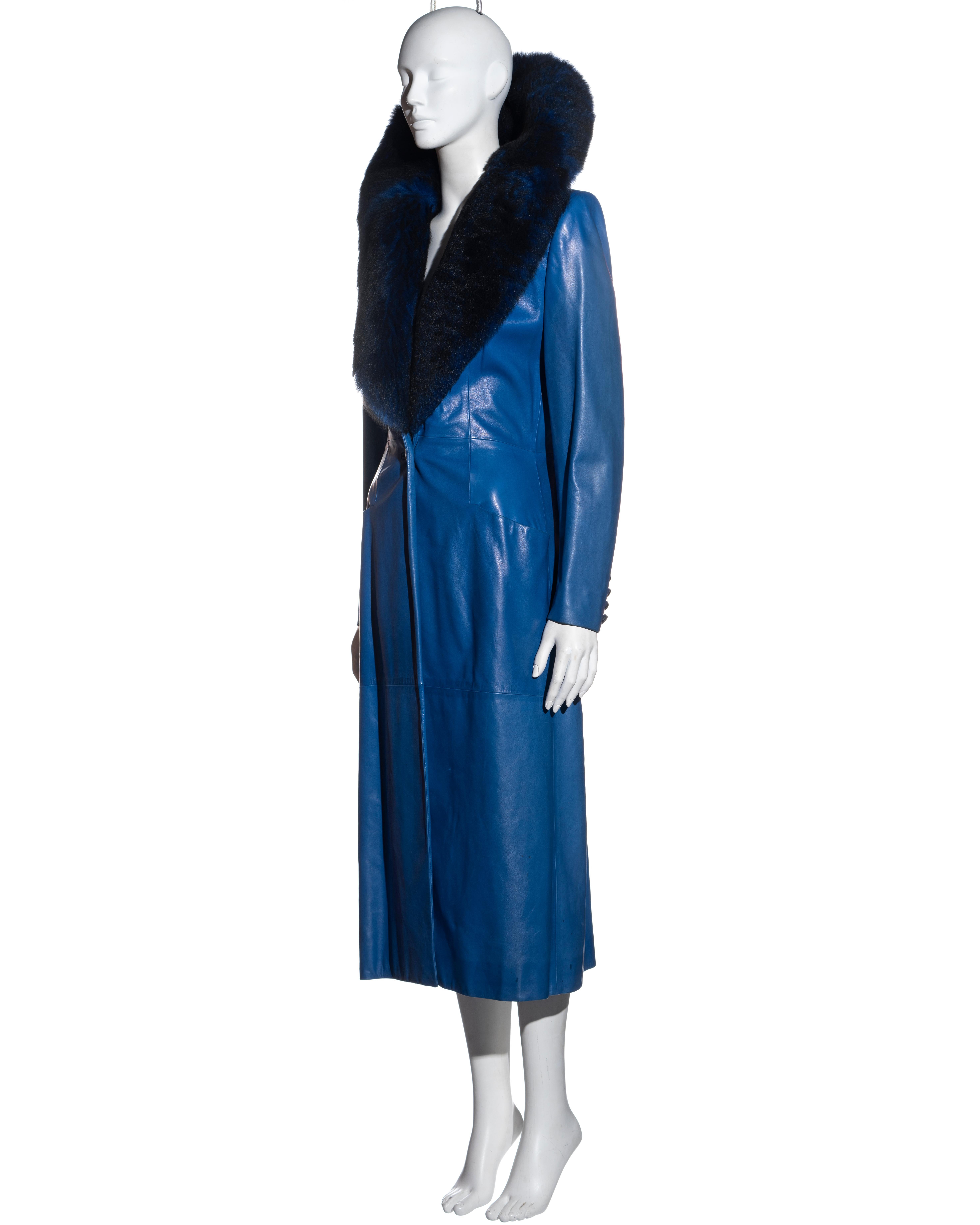 Blue Givenchy by Alexander McQueen blue leather coat with faux fur collar, fw 1998