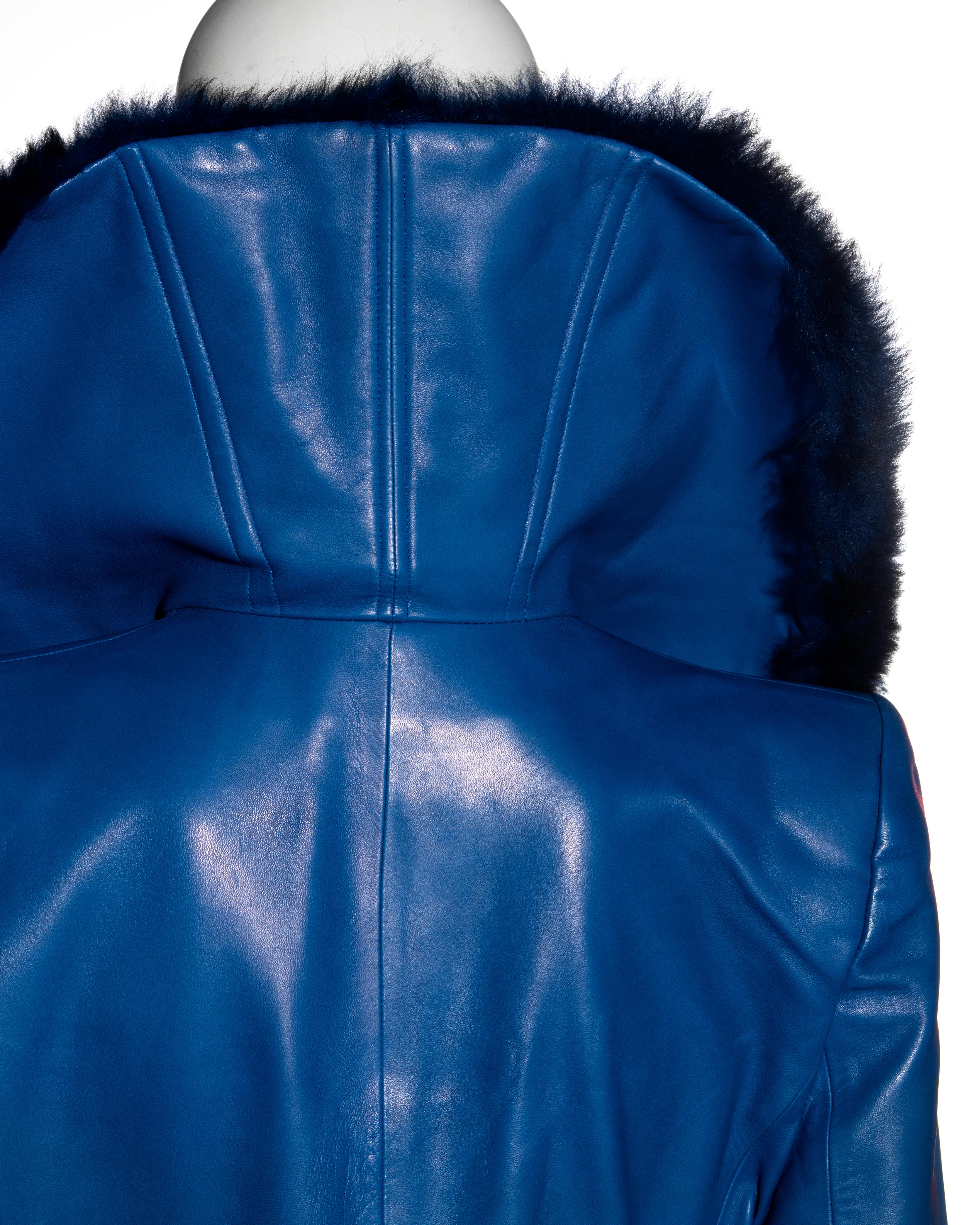 Givenchy by Alexander McQueen blue leather coat with faux fur collar, fw 1998 1