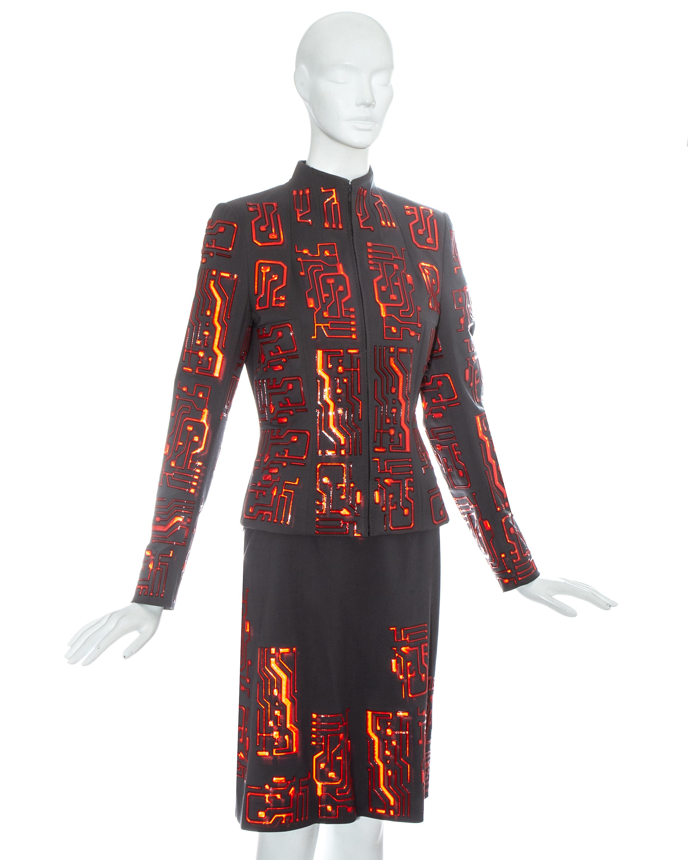 Black Givenchy by Alexander McQueen grey wool circuit board skirt suit, fw 1999
