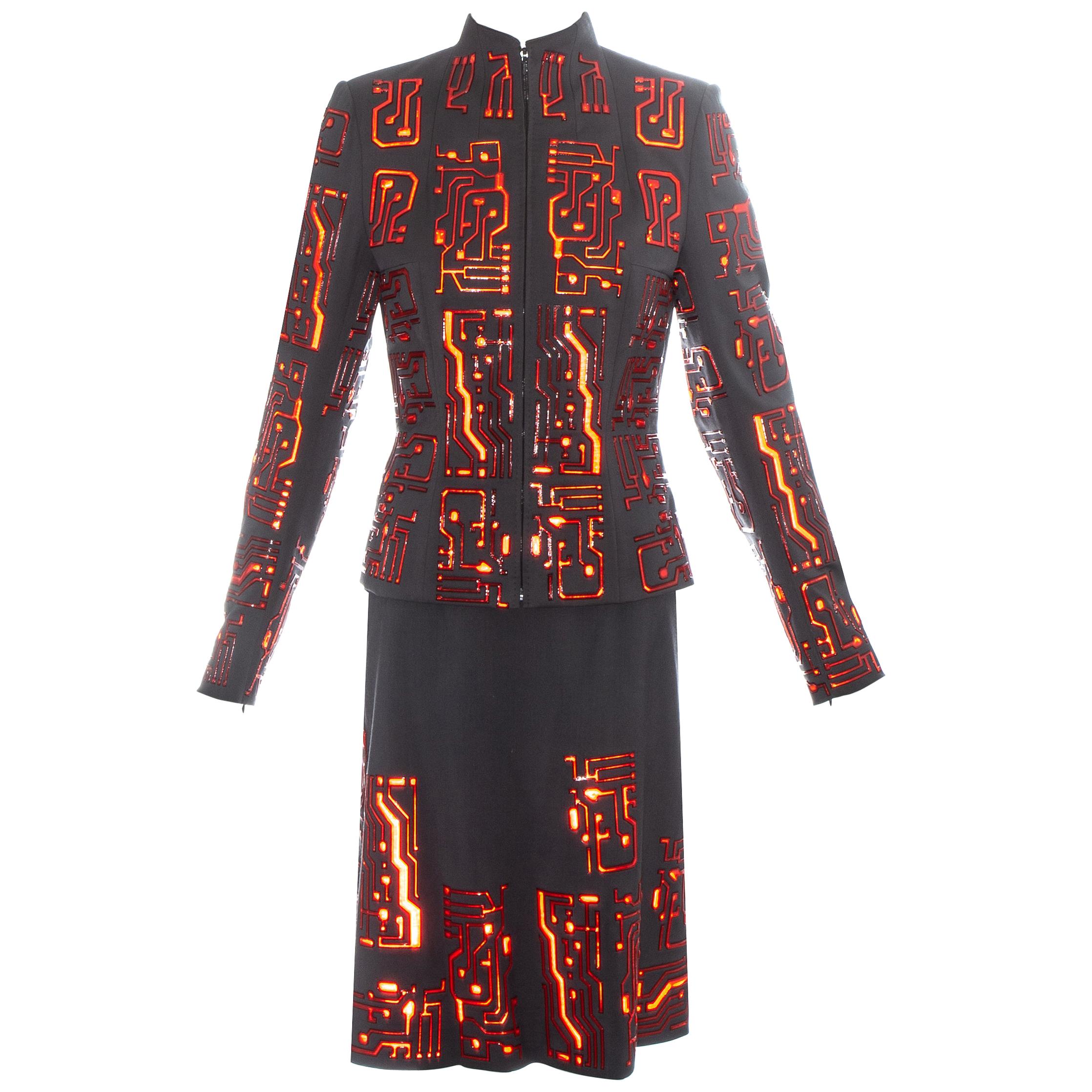 Givenchy by Alexander McQueen grey wool circuit board skirt suit, fw 1999