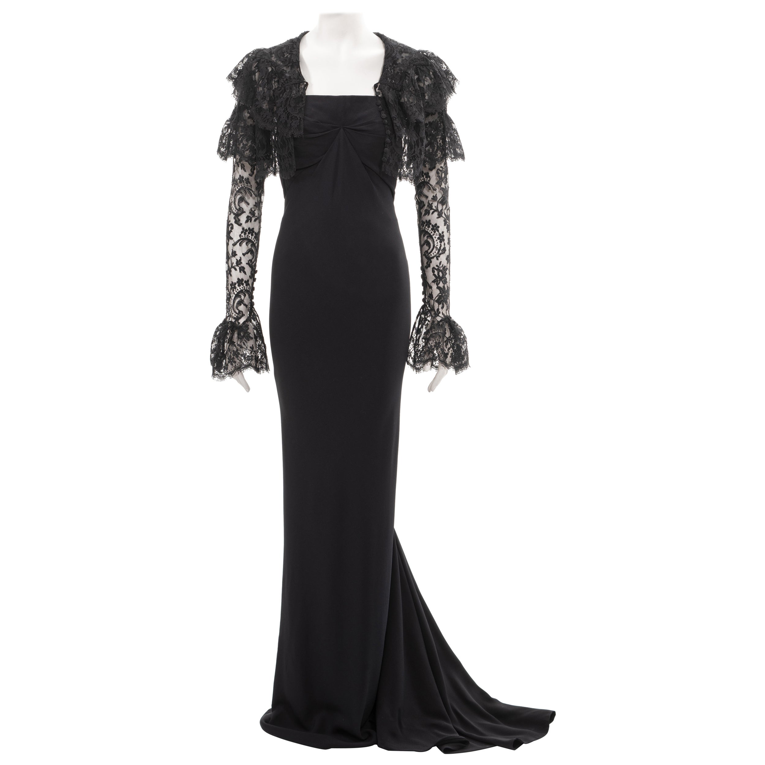 Givenchy by John Galliano abito da sera nero senza spalline e bolero in pizzo, ss 1997