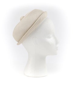 GIVENCHY c.1950's Solid Cream Silk Duponi Pillbox Style Detailed Button Top Hat
