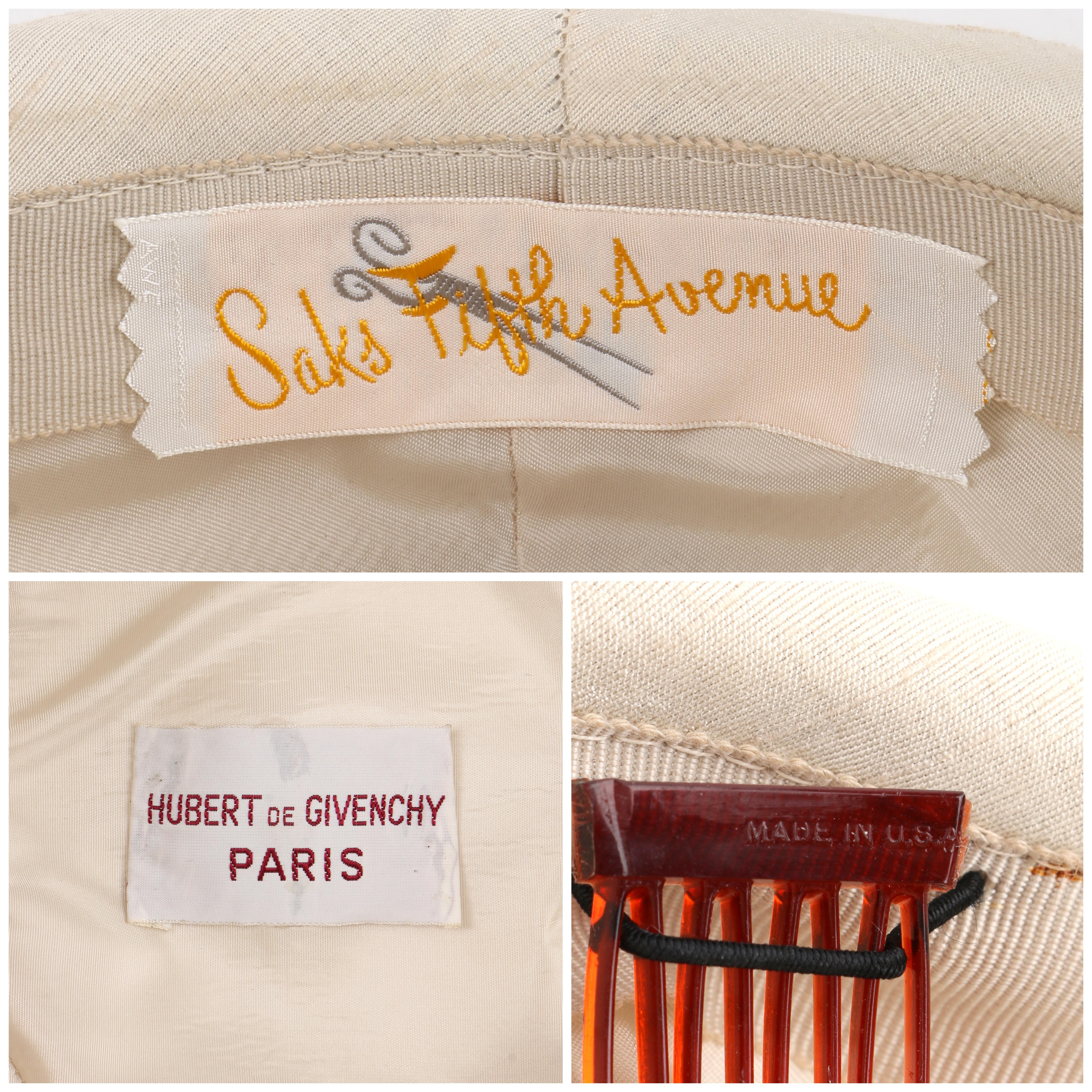 GIVENCHY c.1950's Solid Cream Silk Duponi Pillbox Style Detailed Button Top Hat 2