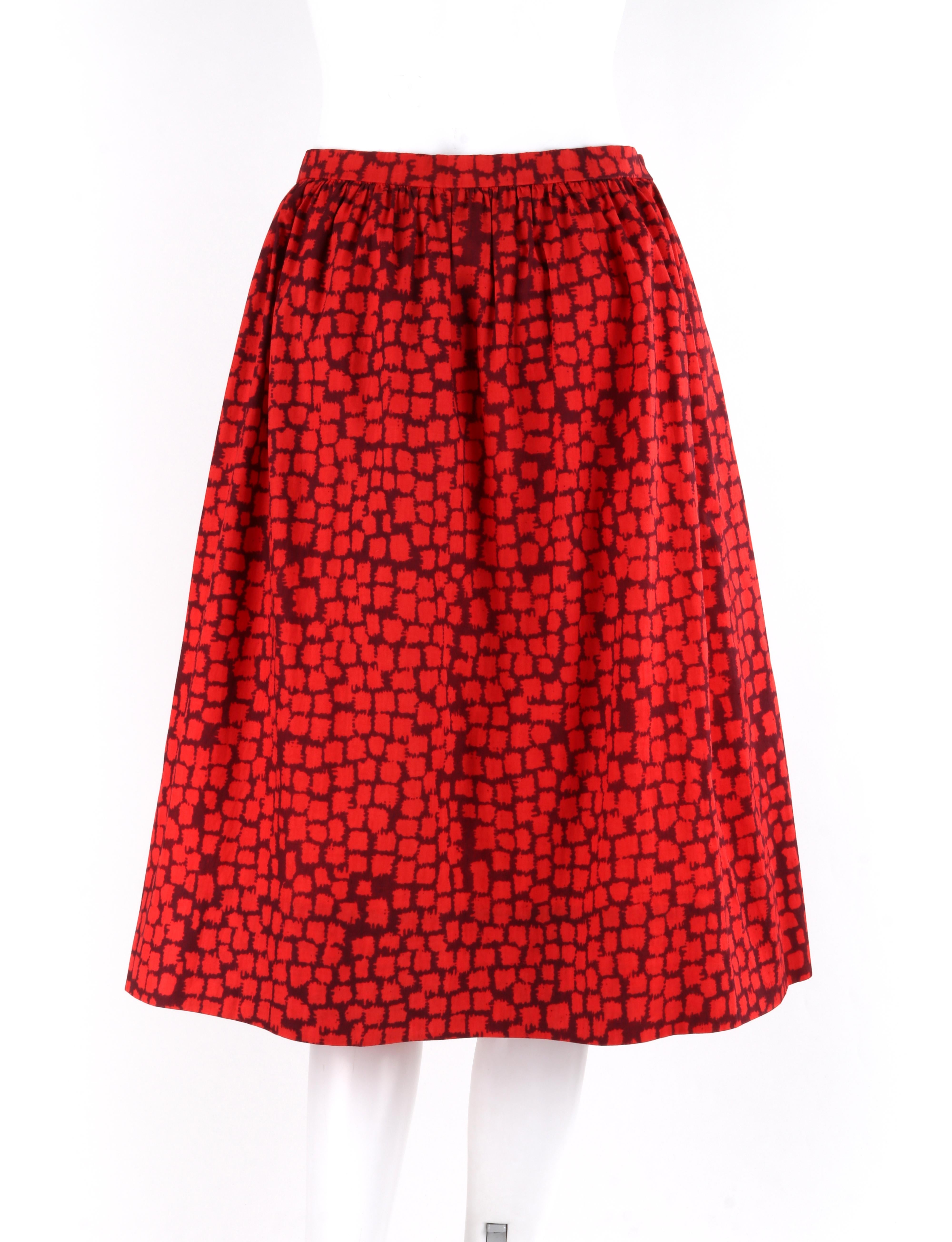 GIVENCHY c.1970’s Couture Numbered Red Geometric Gathered Tea Length Skirt For Sale 1
