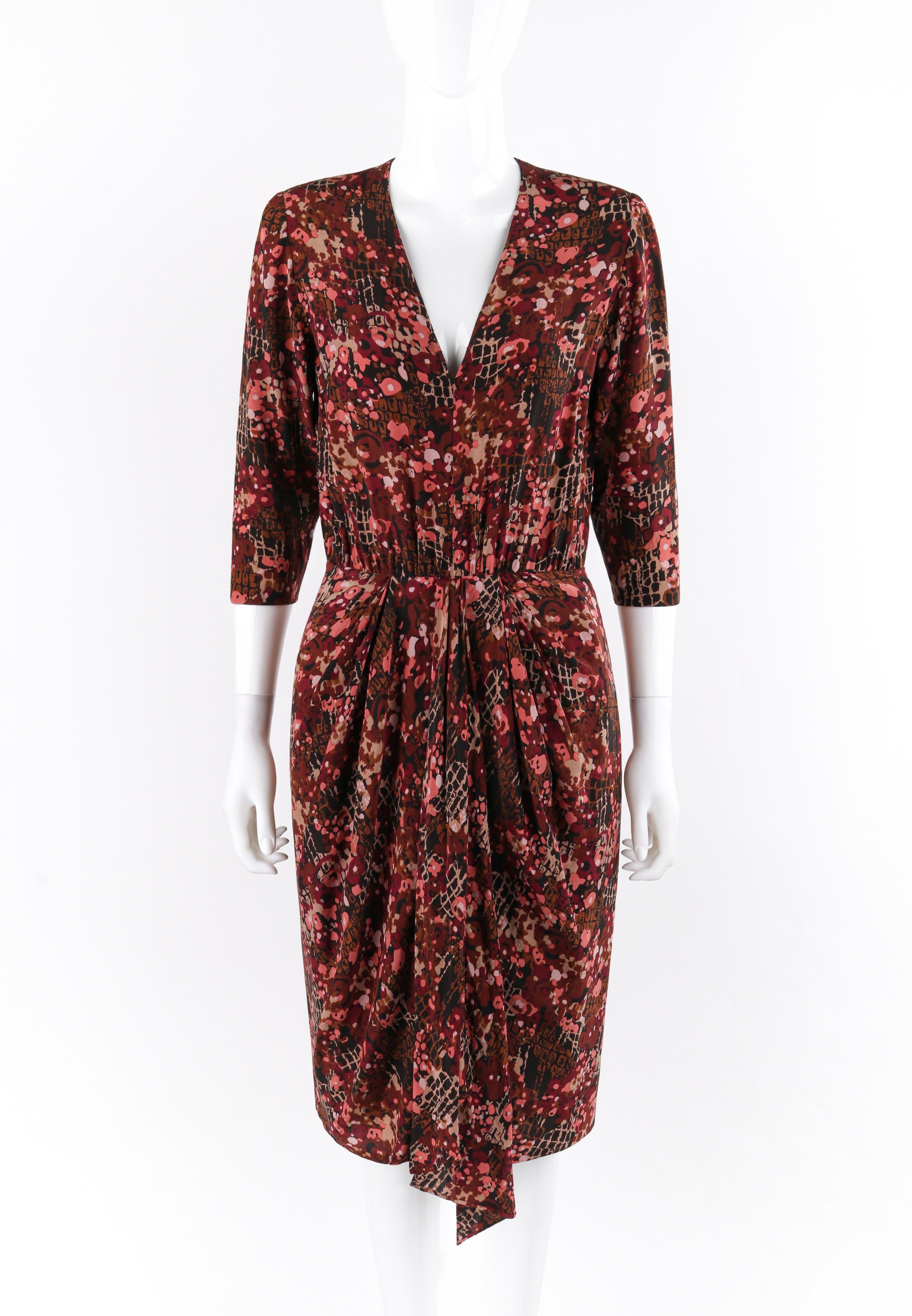 GIVENCHY c.1970’s Haute Couture Pink Brown Silk Floral Print Sheath Dress Numbered

Circa: 1970’s
Label(s): Givenchy
Designer: Hubert de Givenchy / #57.750
Style: Sheath dress
Color(s): Shades of pink, burgundy, gray, and brown
Lined: Partial-