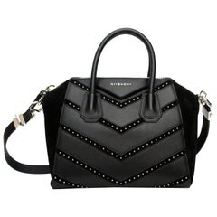 Used GIVENCHY Calfskin Suede Chevron Quilted Mini Studded Antigona Black