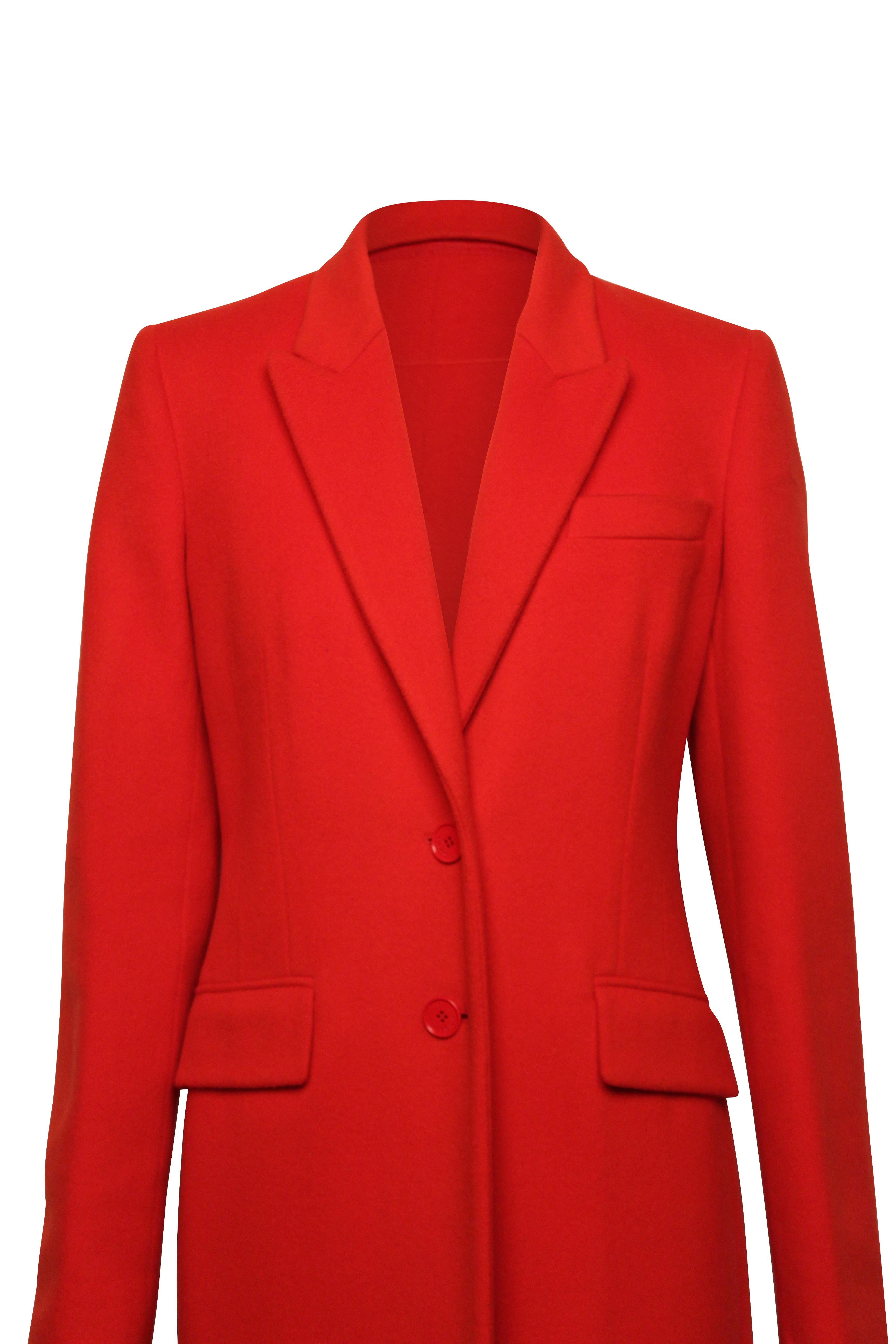 Beautifully cut, bright tomato red, single breasted wool and cashmere Givenchy coat. Size 38. Made in Italy.

