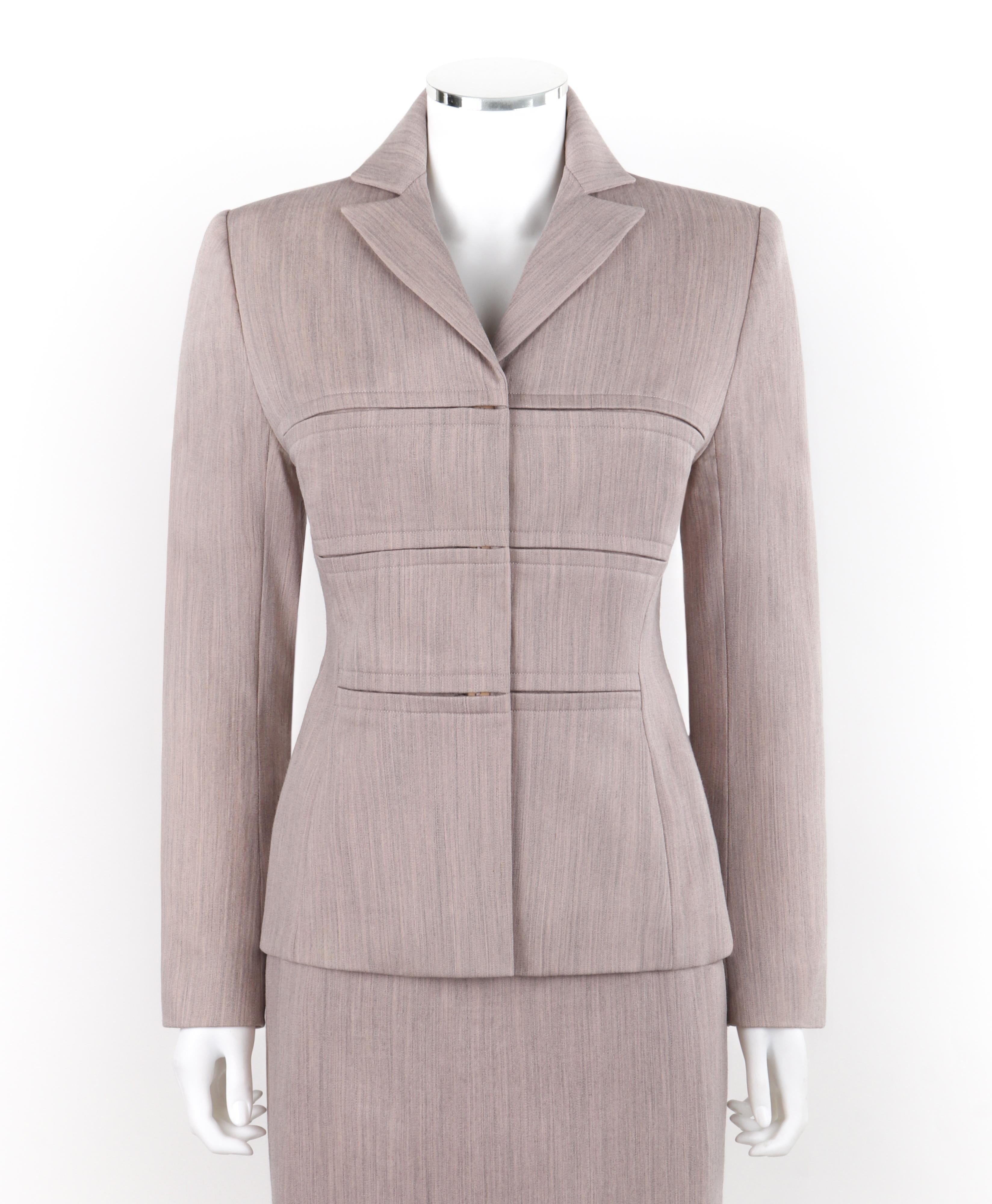 Brand / Manufacturer: Givenchy 
Collection: A/W 1998
Designer: Alexander McQueen
Style: Skirt Suit Set
Color(s): Shades of gray, pink
Lined: Yes
Marked Fabric Content: 