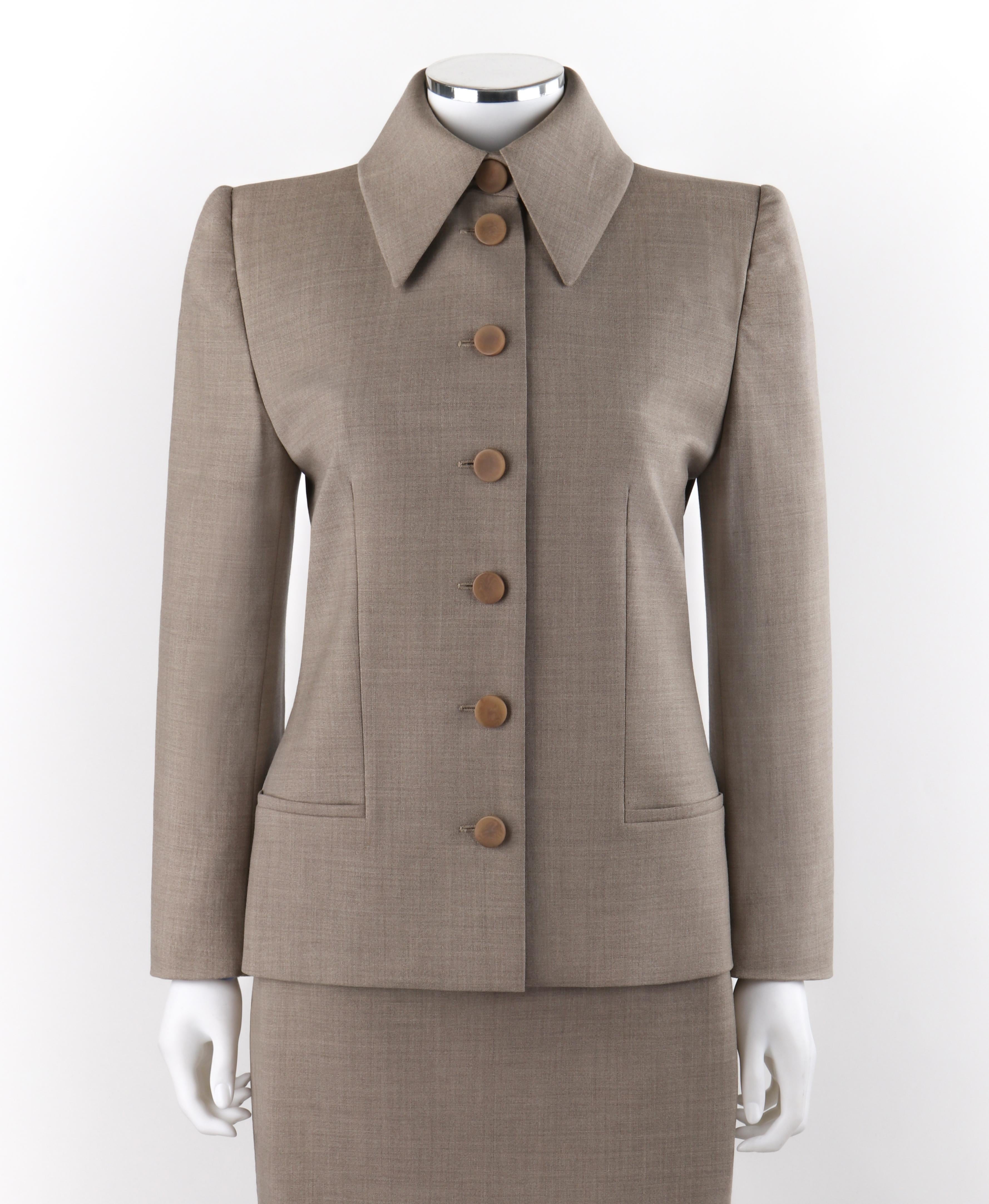 GIVENCHY Couture A/W 1998 ALEXANDER McQUEEN Beige Blazer Jacket Skirt Suit Set

Brand / Manufacturer: Givenchy Couture
Collection: A/W 1998
Designer: Alexander McQueen
Style: Blazer jacket; fitted sheath skirt
Color(s): Beige
Lined: Yes
Marked