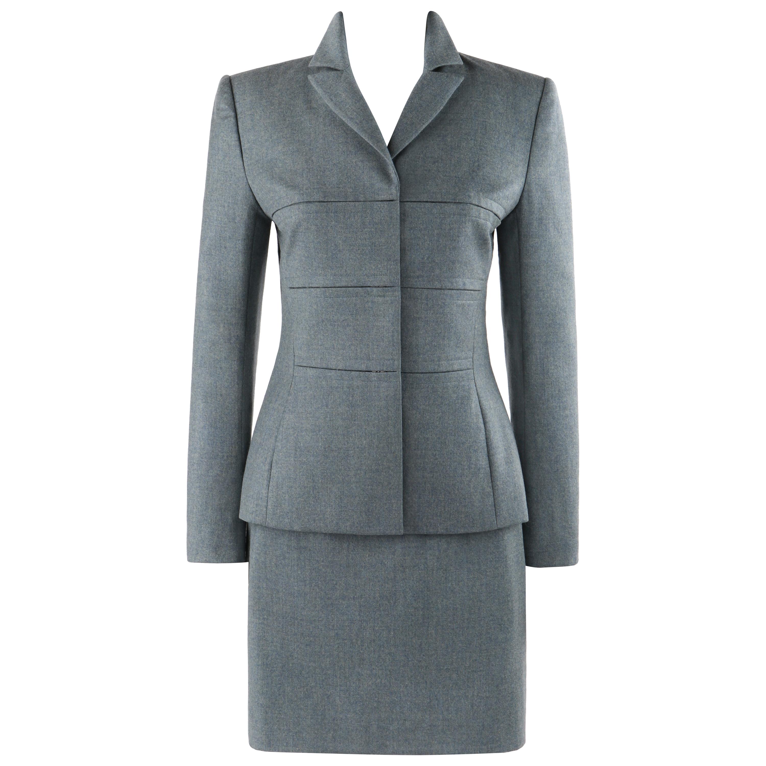 GIVENCHY Couture A/W 1998 ALEXANDER McQUEEN Blue Gray Tailored Blazer Skirt Suit For Sale