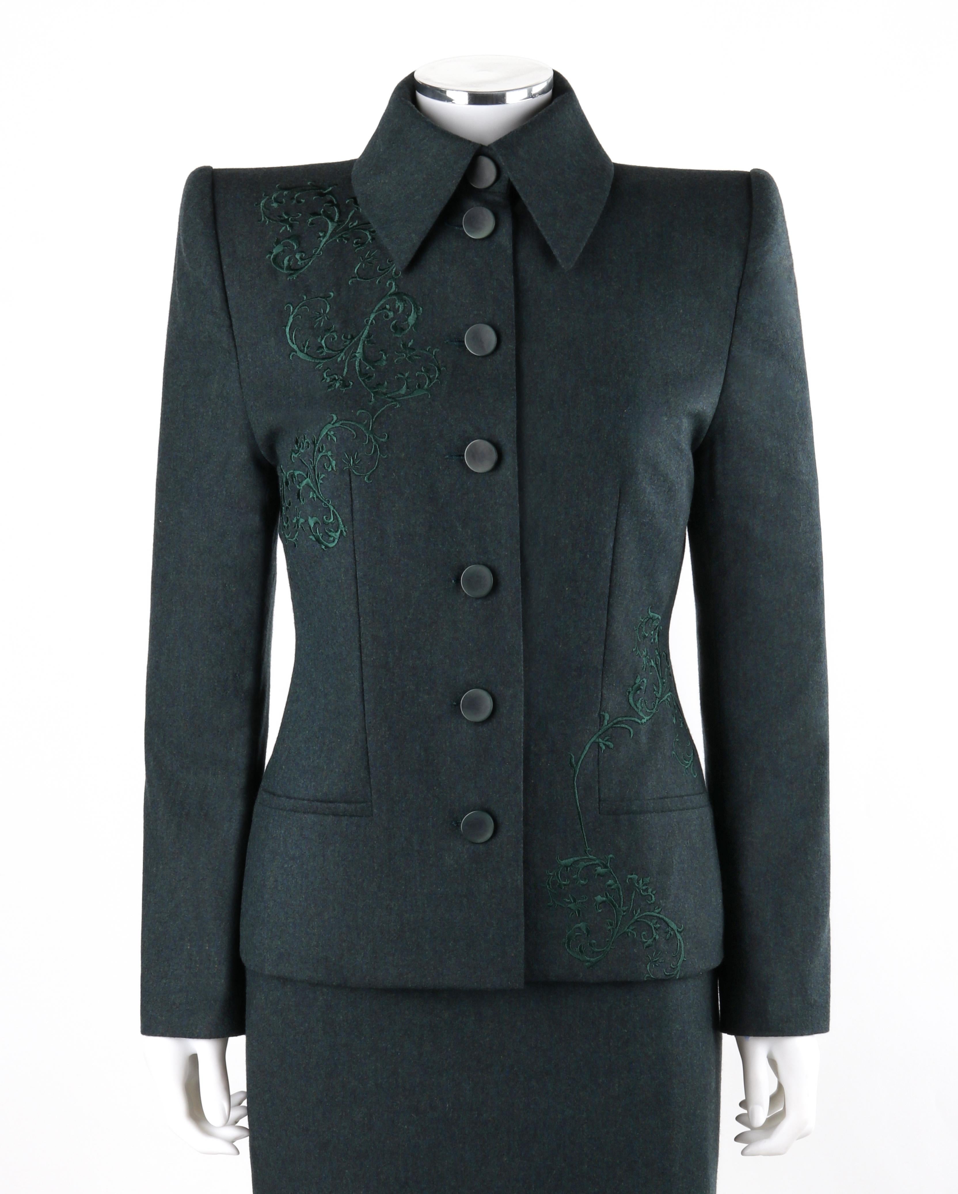 GIVENCHY Couture A/W 1998 ALEXANDER McQUEEN Dark Green Tailored Blazer Skirt Set
 
Brand / Manufacturer: Givenchy Couture
Collection: A/W 1998
Designer: Alexander McQueen
Style: Blazer jacket; fitted sheath skirt
Color(s): Shades of green
Lined: