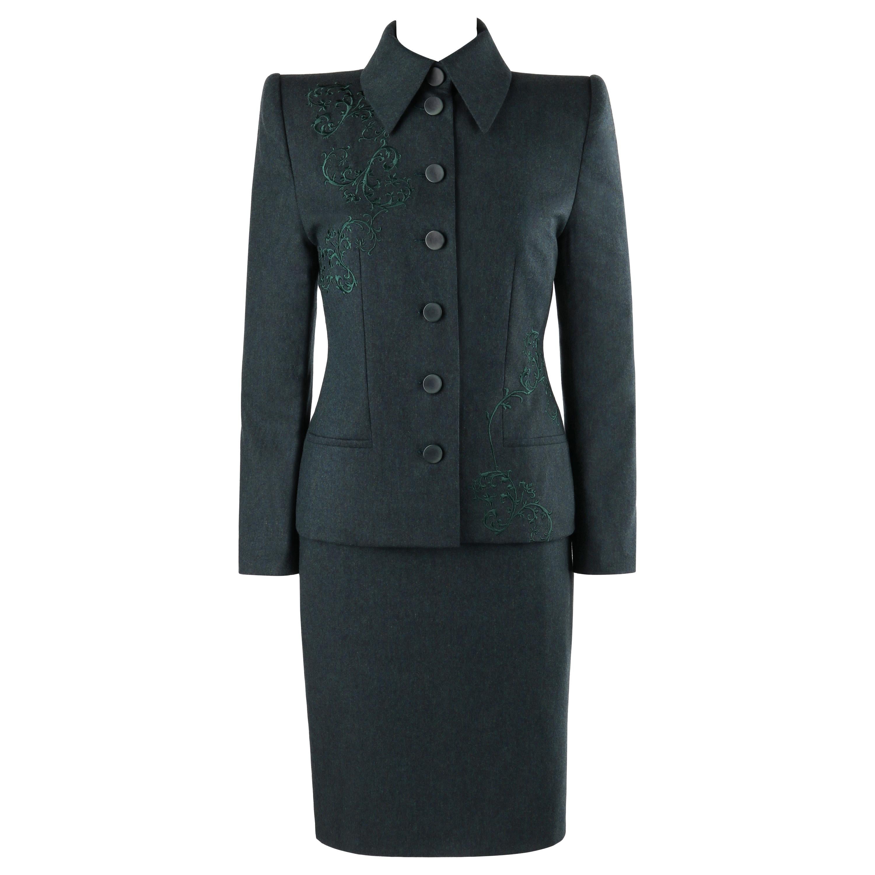 GIVENCHY Couture A/W 1998 ALEXANDER McQUEEN Dark Green Tailored Blazer Skirt Set