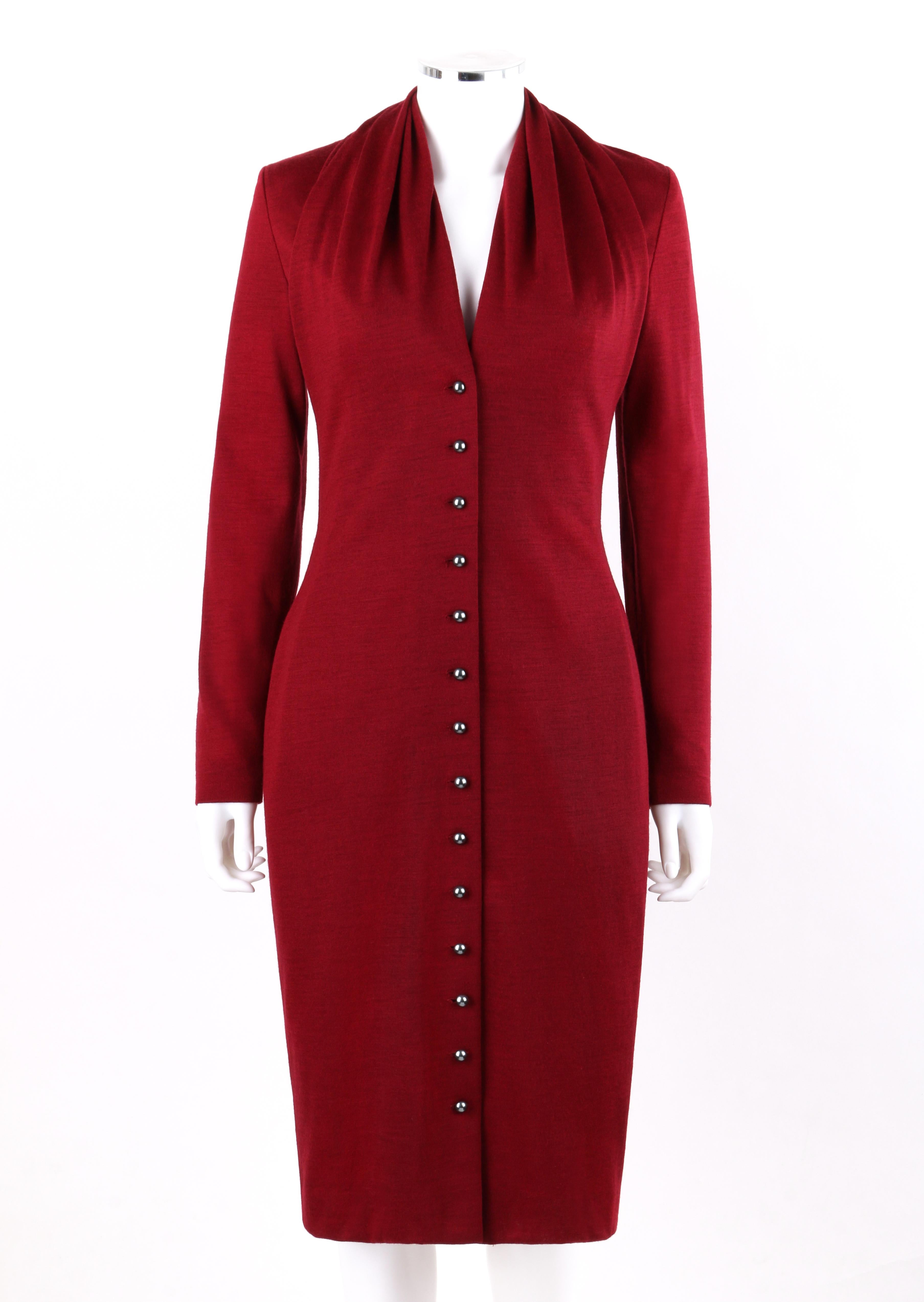 GIVENCHY Couture A/W 1998 ALEXANDER McQUEEN Ruby Red Wool Knit Fitted Button Front Dress 
 
Circa: 1998
Label(s): Givenchy / Couture / Made In France / Paris / 8HG 8520152830  
Designer: Alexander McQueen
Style: Dress
Color(s): Red
Lined: Yes
Marked