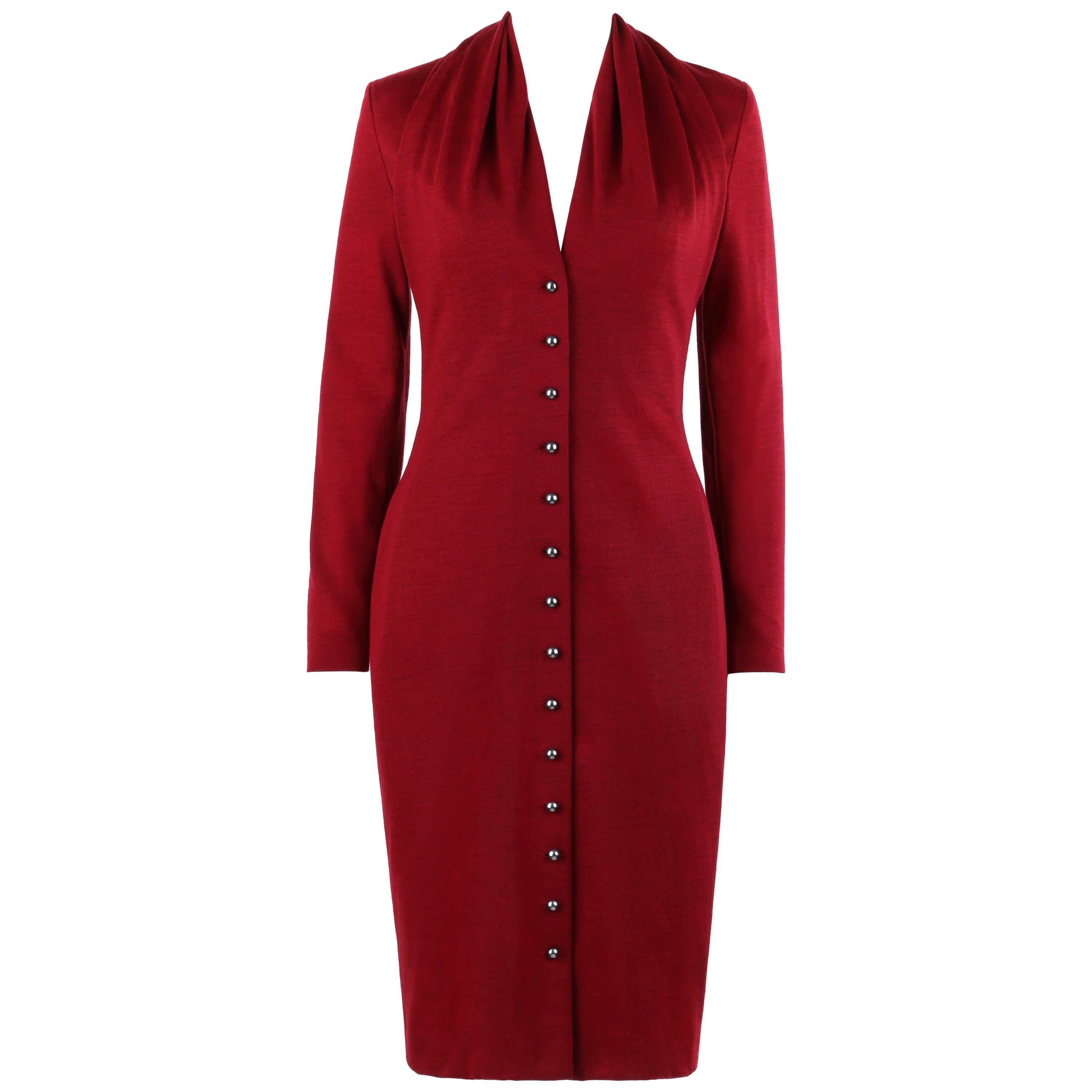 GIVENCHY Couture A/W 1998 ALEXANDER McQUEEN Ruby Red Wool Button Front Dress For Sale