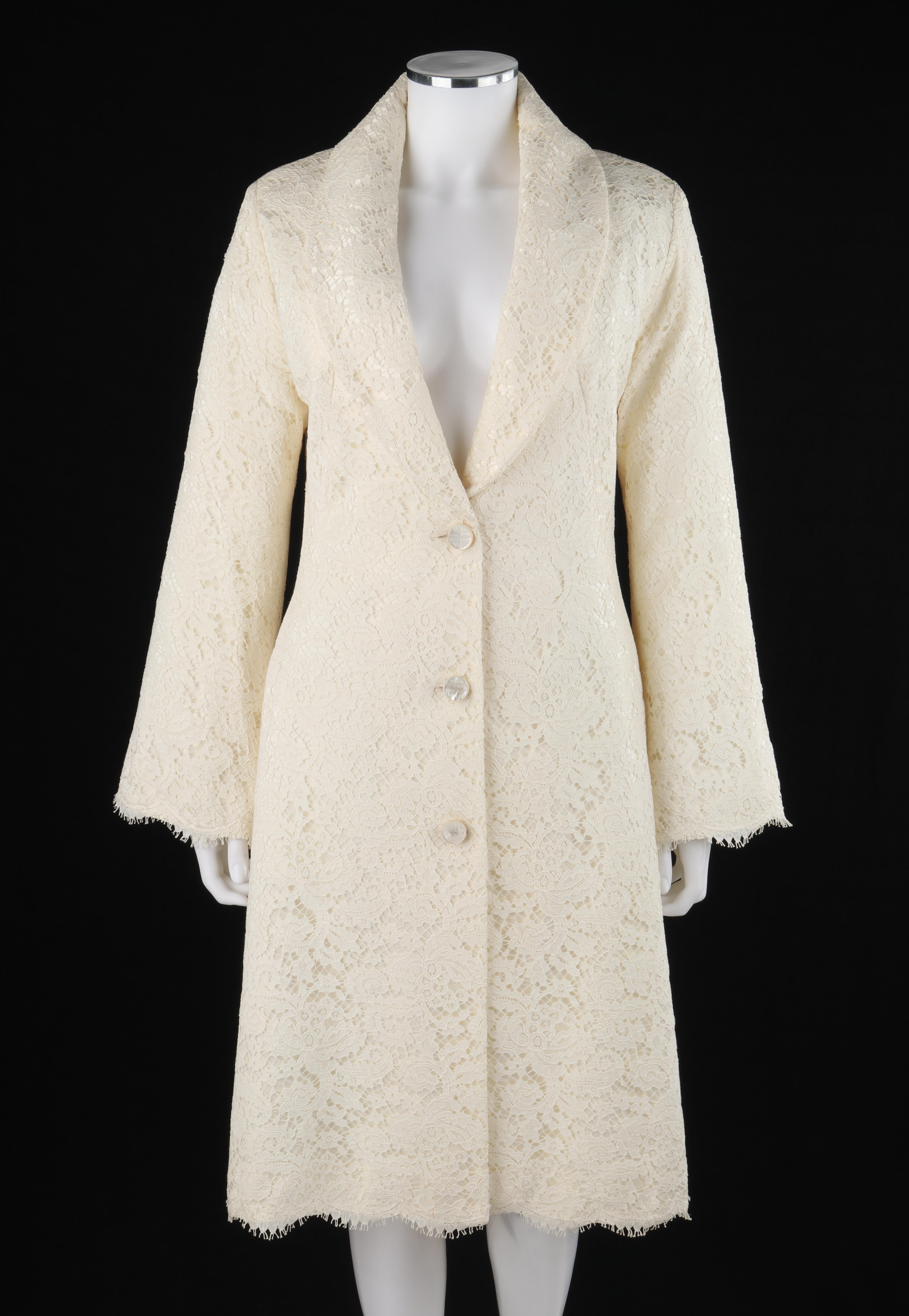 GIVENCHY Couture A/W 1999 ALEXANDER McQUEEN Ivory Floral Lace Princess Coat
 
Brand / Manufacturer: Givenchy Couture
Collection: A/W 1999
Designer: Alexander McQueen
Style: Princess coat
Color(s): Ivory
Lined: Yes
Marked Fabric Content: “66%