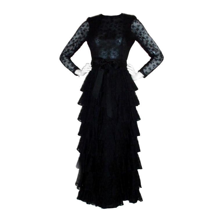 GIVENCHY COUTURE Black Lace Tiered Gown with Bow at Waist 4 For Sale