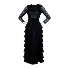 GIVENCHY COUTURE Black Lace Tiered Gown with Bow at Waist 4