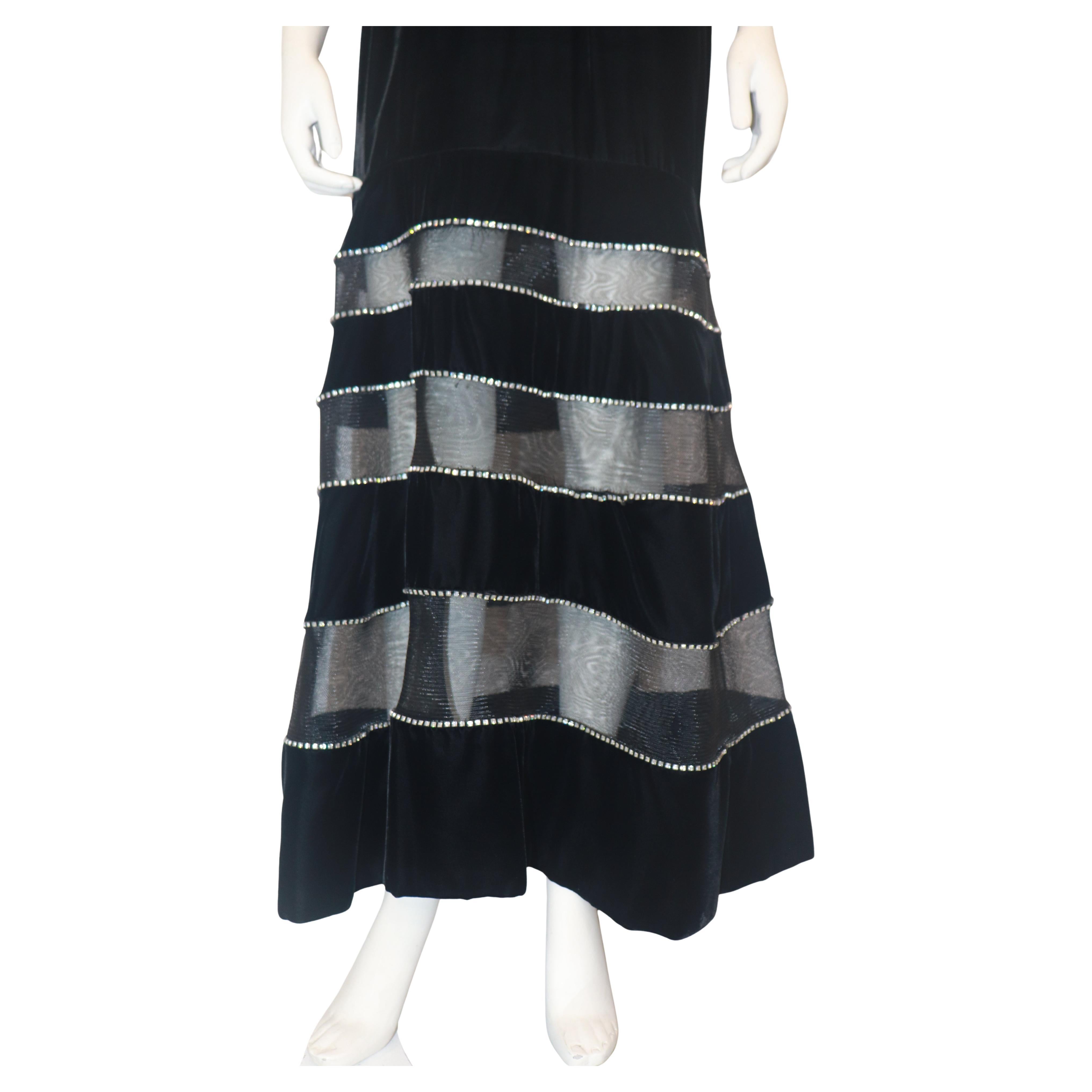 GIVENCHY COUTURE Black Velvet Gown with Mesh & Rhinestone Stripe Skirt Detail In Excellent Condition For Sale In Los Angeles, CA