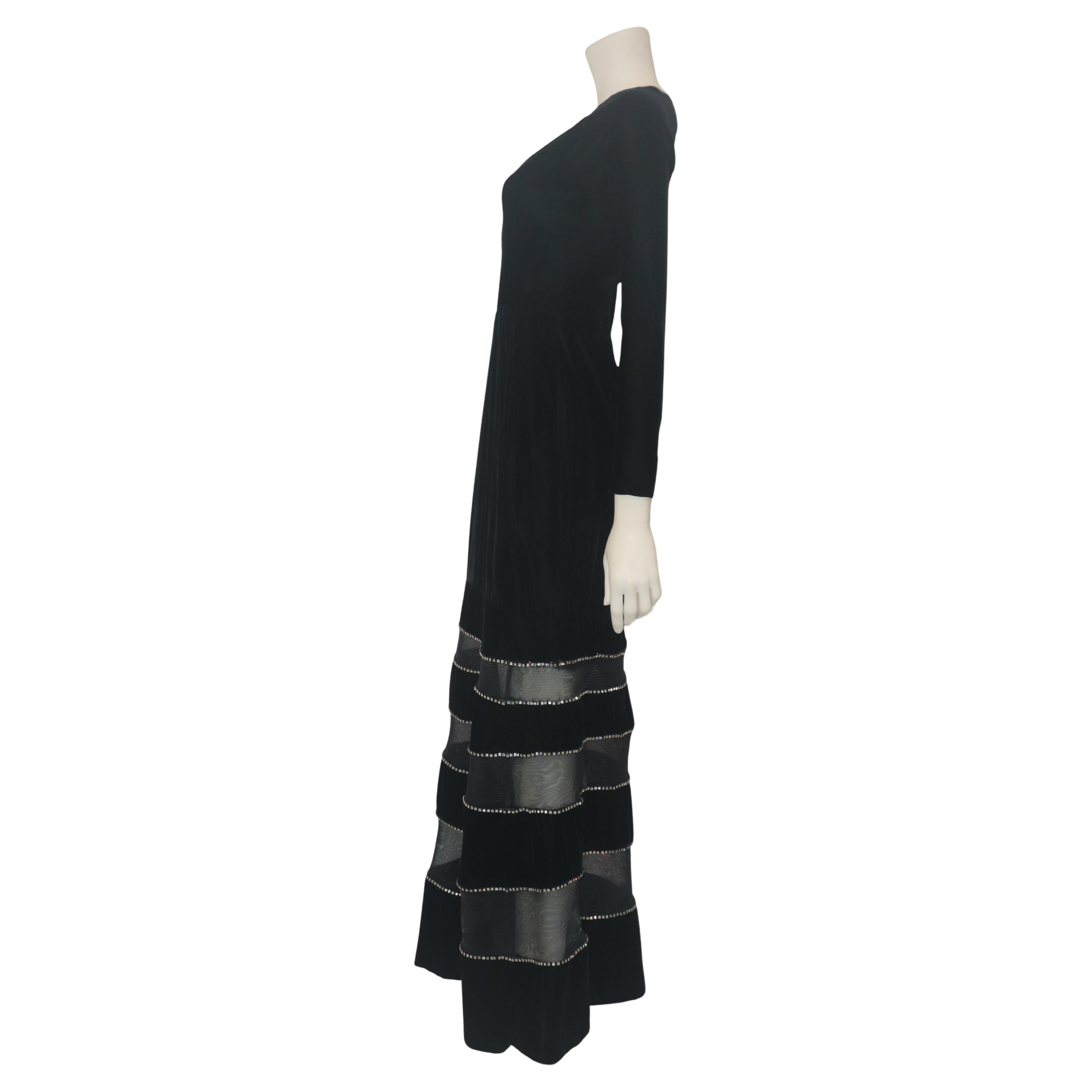 Women's GIVENCHY COUTURE Black Velvet Gown with Mesh & Rhinestone Stripe Skirt Detail For Sale