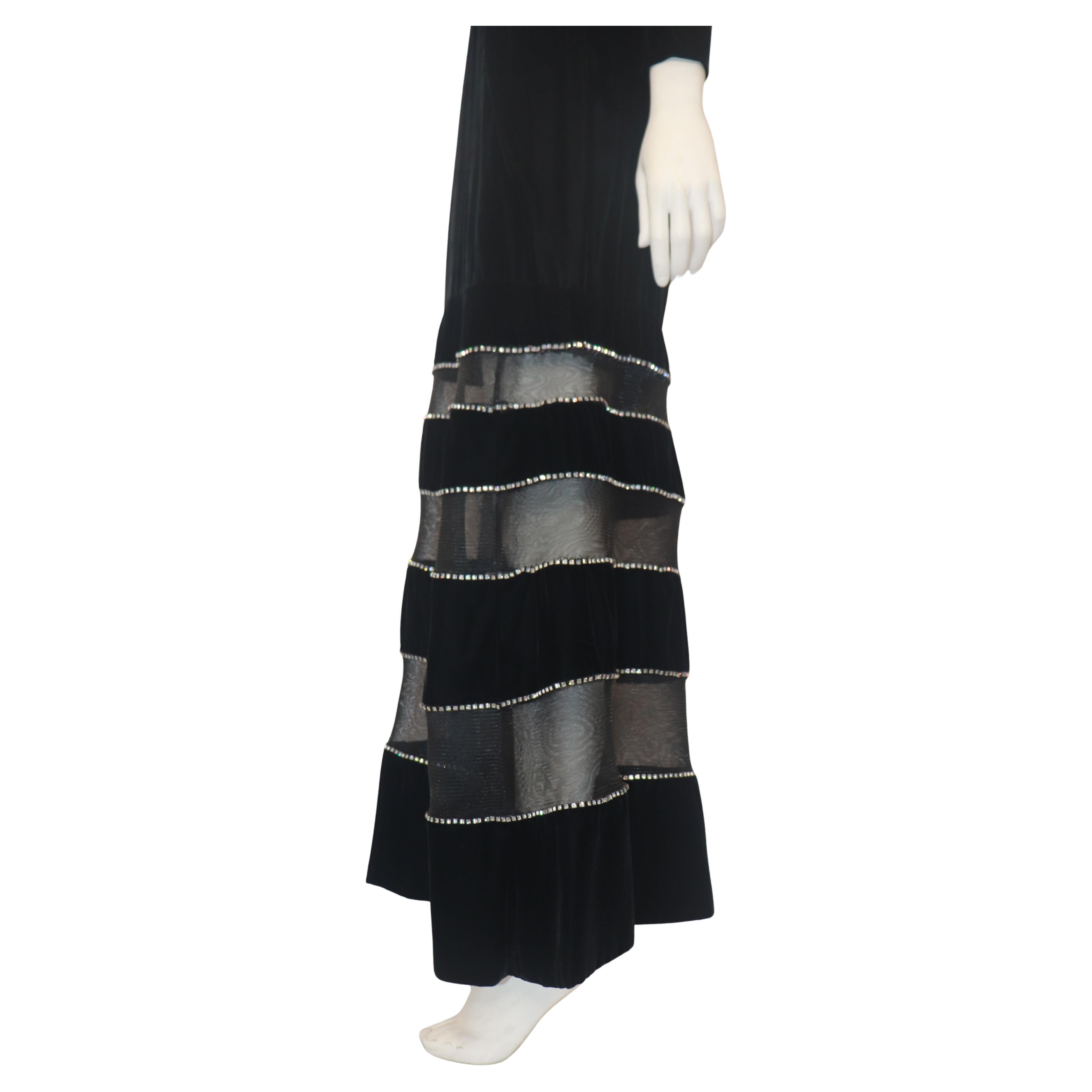 GIVENCHY COUTURE Black Velvet Gown with Mesh & Rhinestone Stripe Skirt Detail For Sale 1