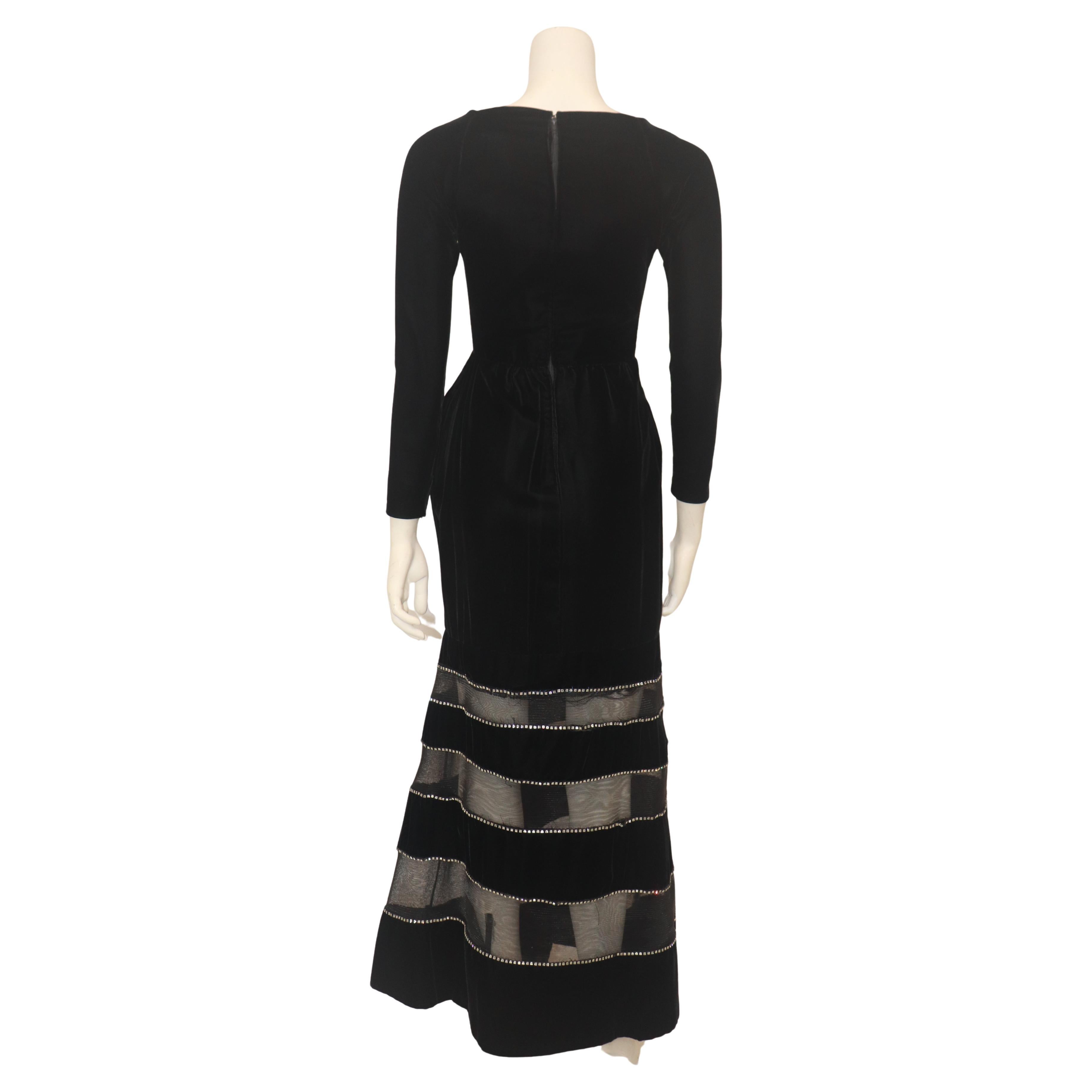 GIVENCHY COUTURE Black Velvet Gown with Mesh & Rhinestone Stripe Skirt Detail For Sale 2