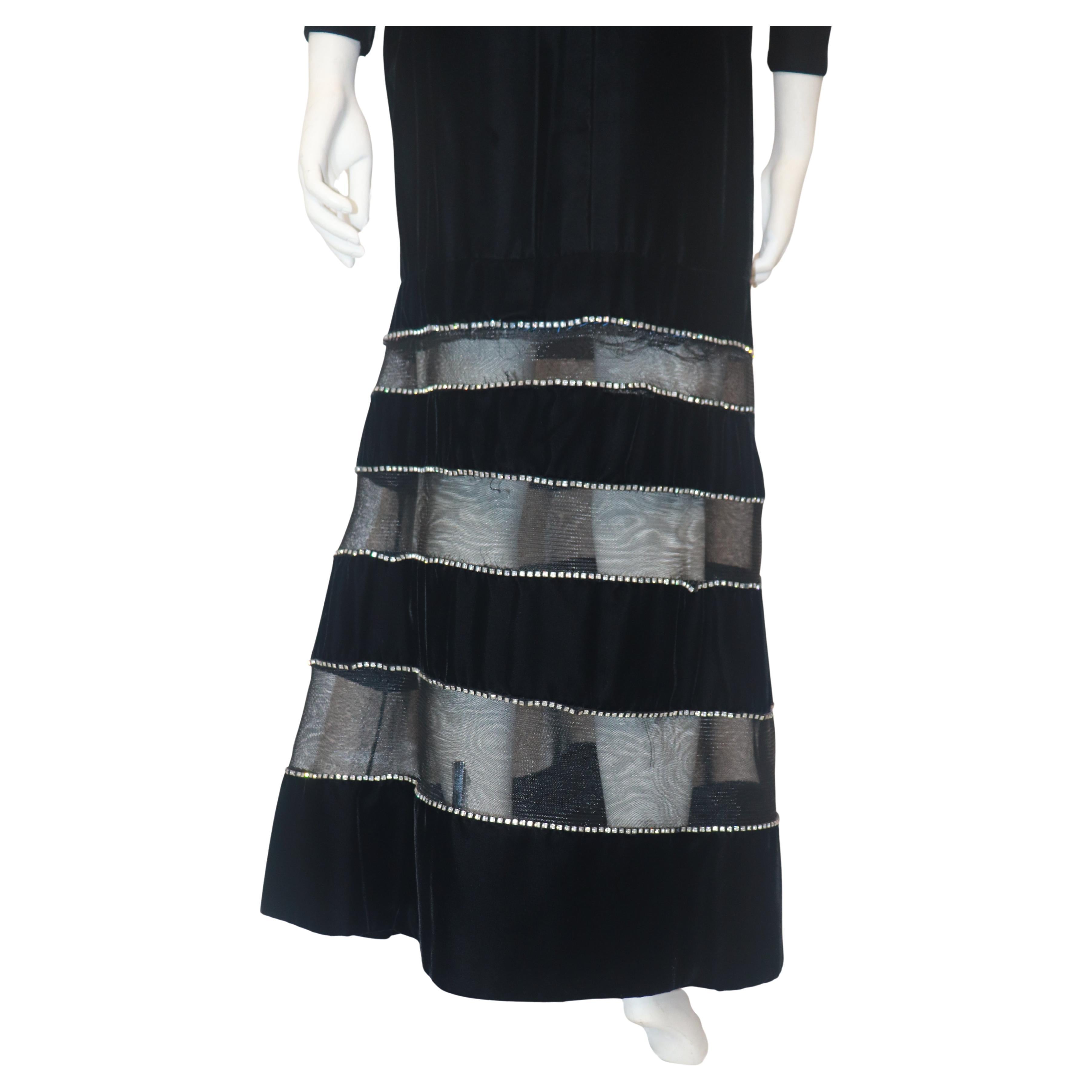 GIVENCHY COUTURE Black Velvet Gown with Mesh & Rhinestone Stripe Skirt Detail For Sale 3