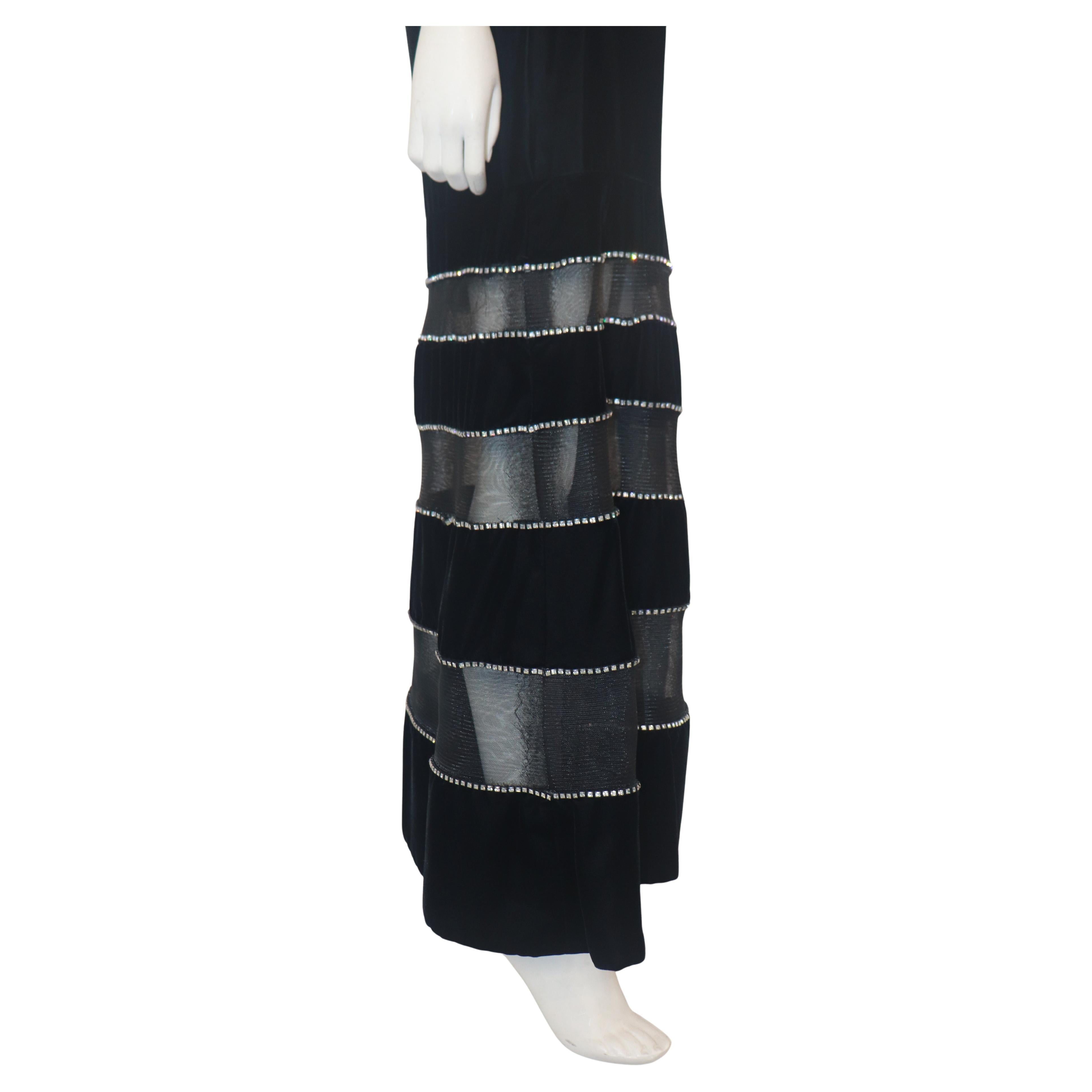 GIVENCHY COUTURE Black Velvet Gown with Mesh & Rhinestone Stripe Skirt Detail For Sale 5