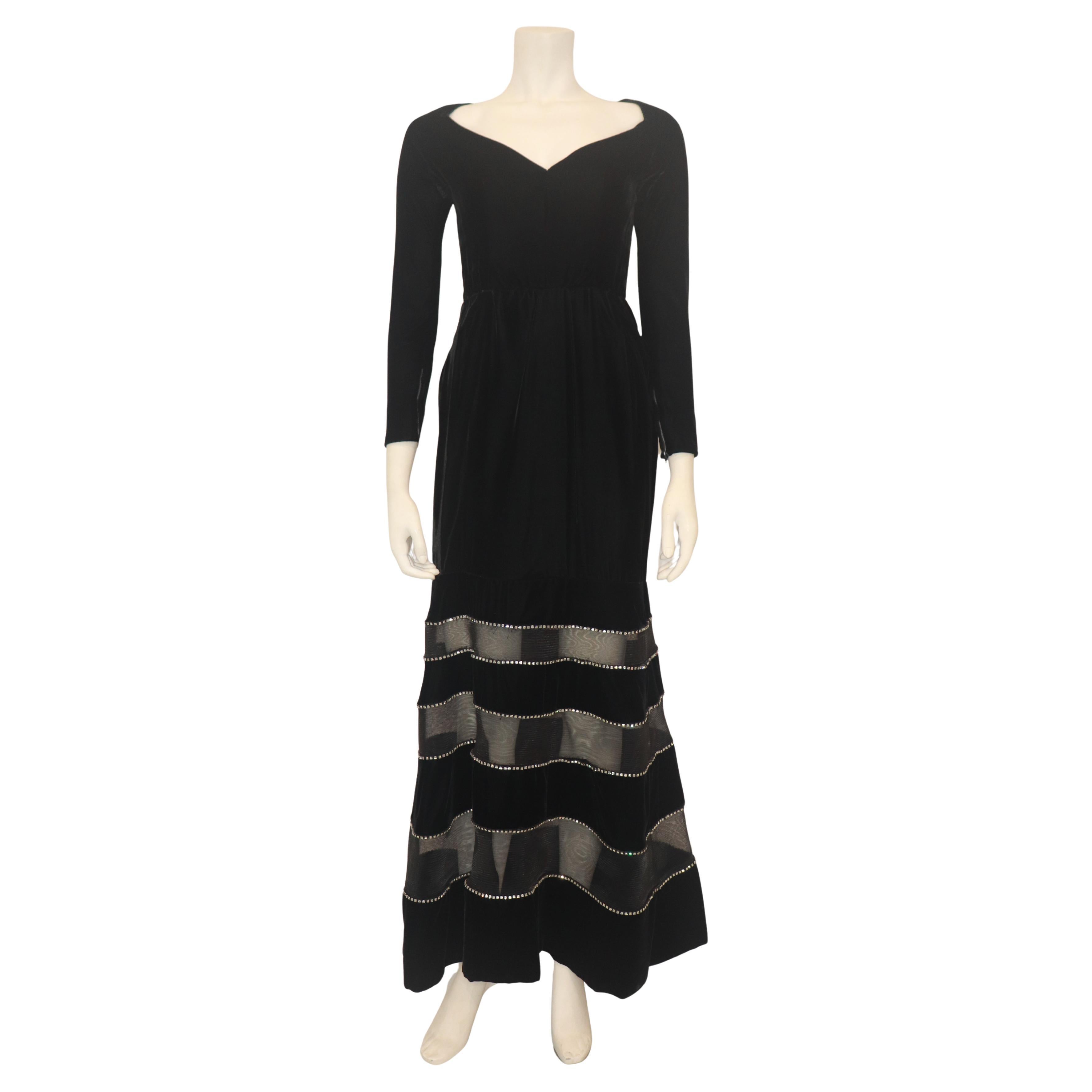 GIVENCHY COUTURE Black Velvet Gown with Mesh & Rhinestone Stripe Skirt Detail For Sale