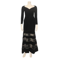 GIVENCHY COUTURE Black Velvet Gown with Mesh & Rhinestone Stripe Skirt Detail