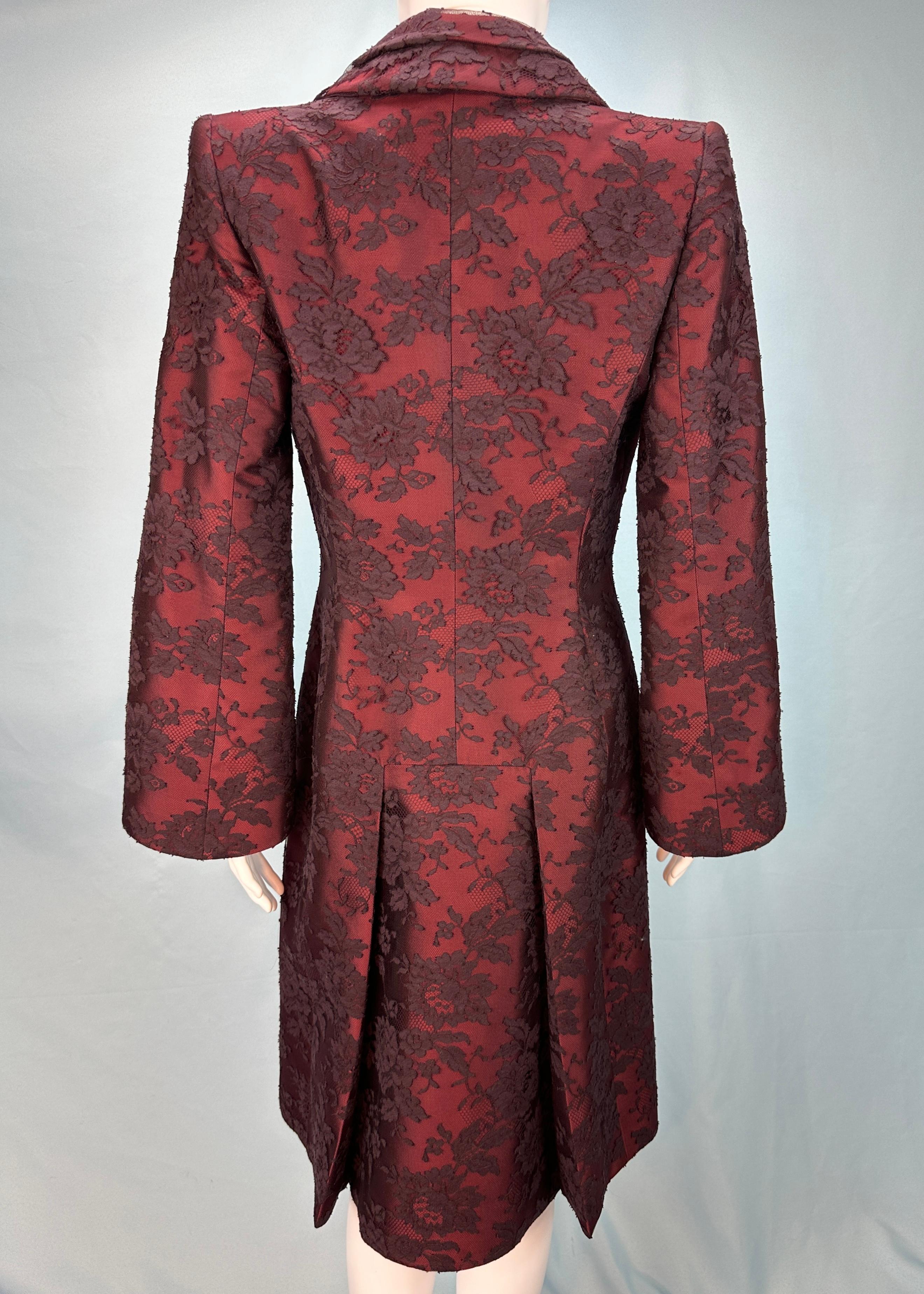 Givenchy Couture 
by Alexander McQueen
Fall 1998

Deep red silk & lace overlay structured jacket
Flared sleeves
Collared
Padded shoulder
Pleated back
Single button

100% silk jacket
70% polyester, 30% nylon lace
100% acetate lining

Size EU 38 / UK